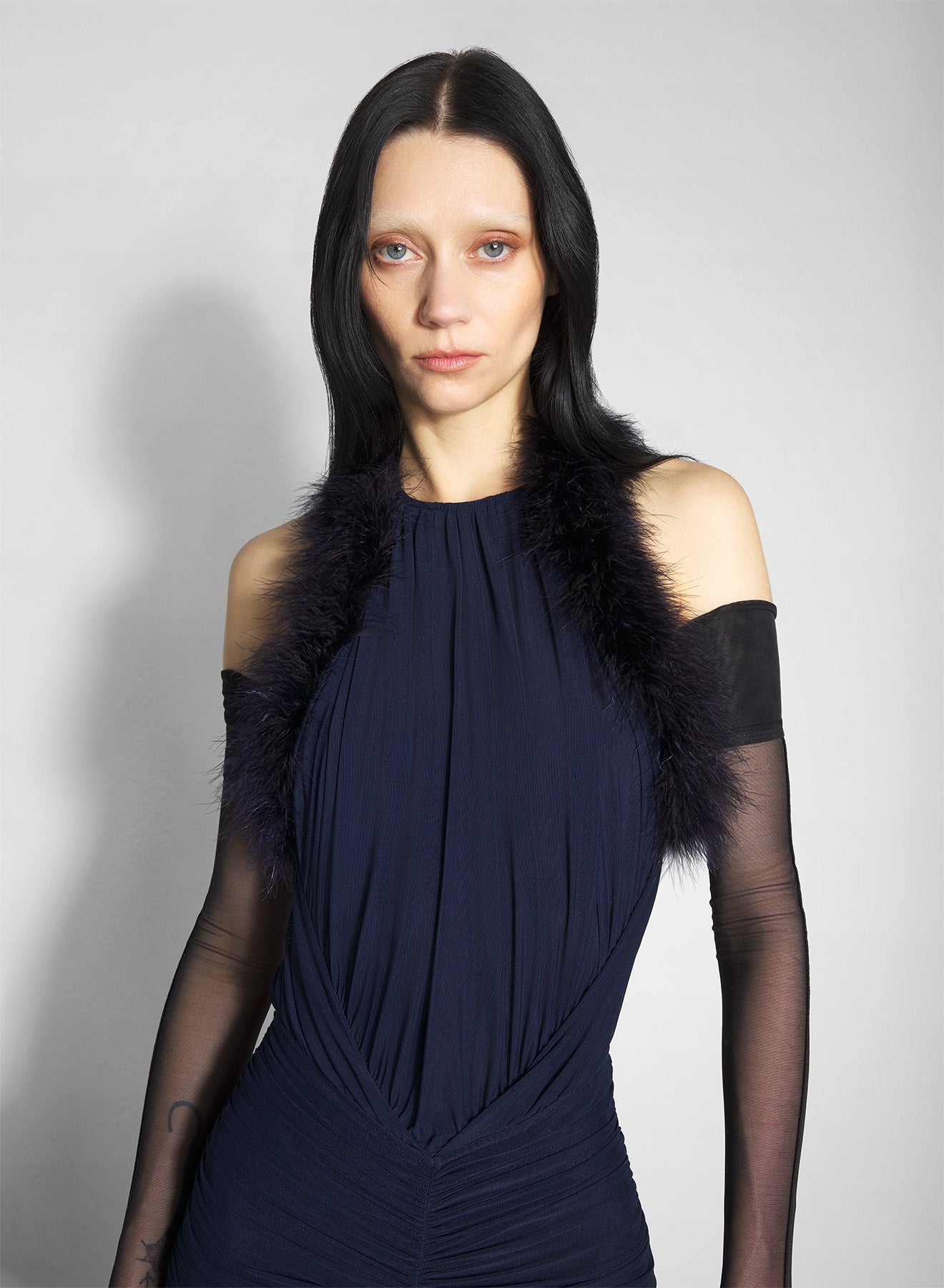 blue marabou ruched dress