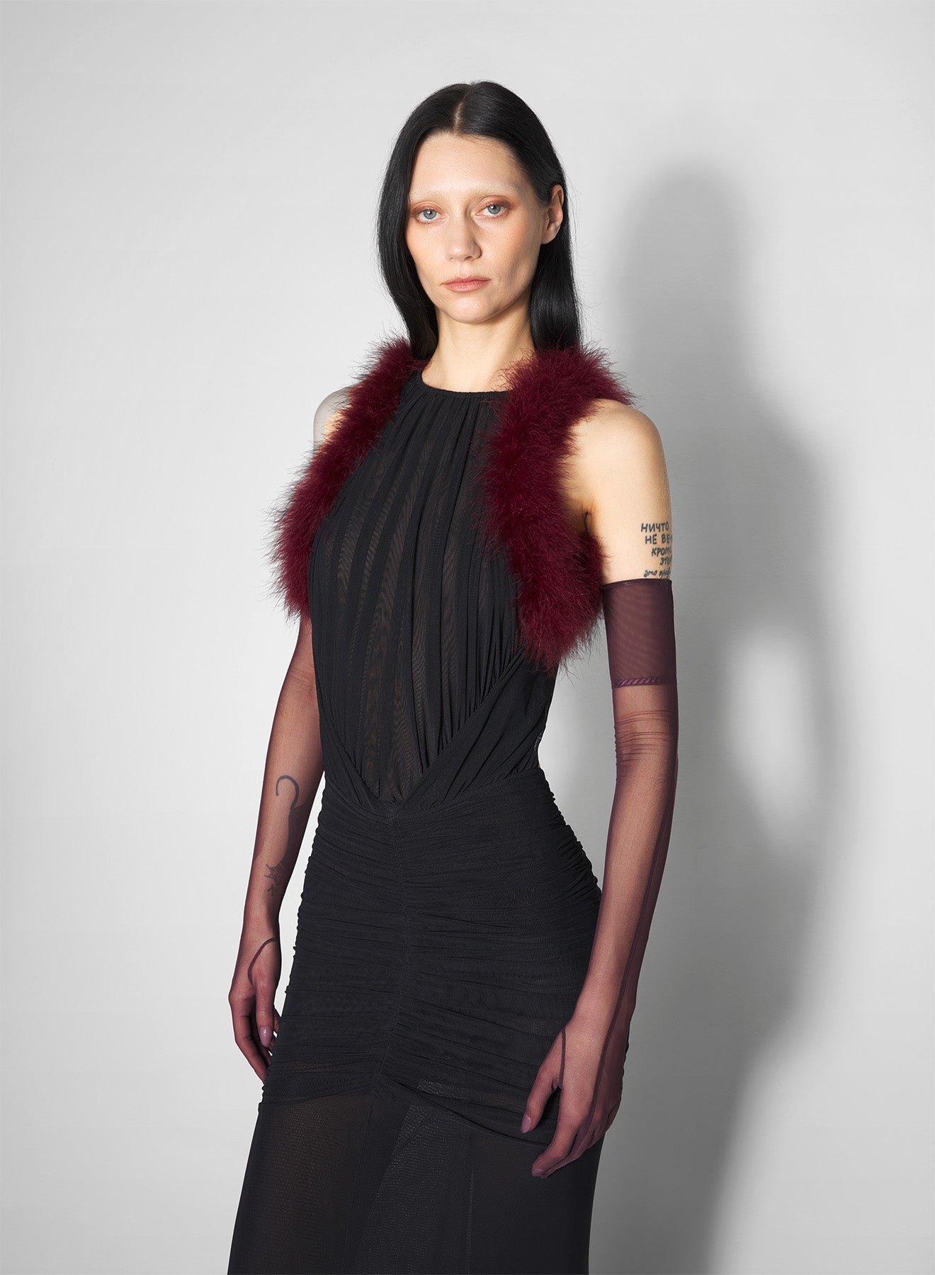black marabou ruched dress