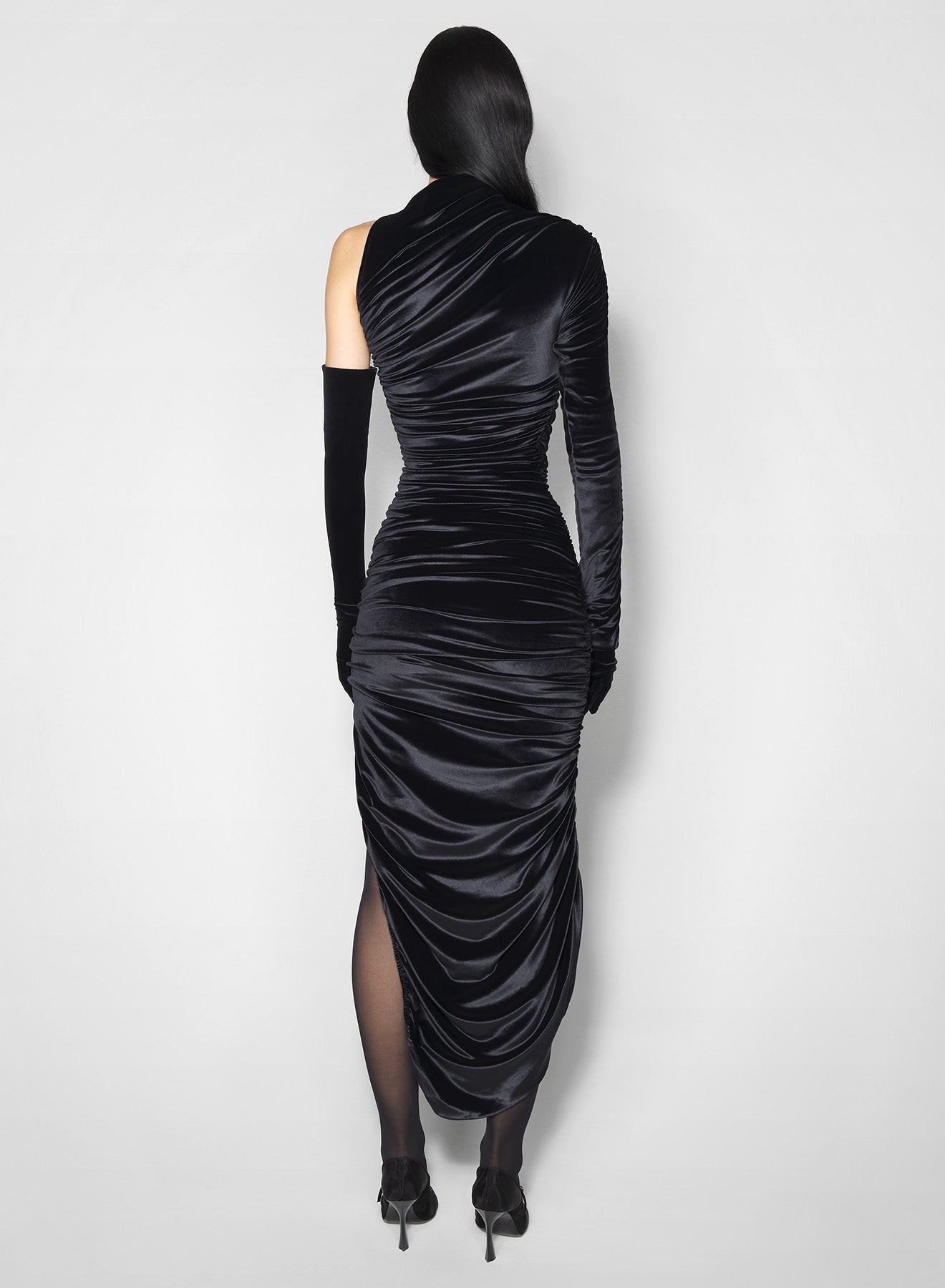 black asymmetric rushed velvet dress