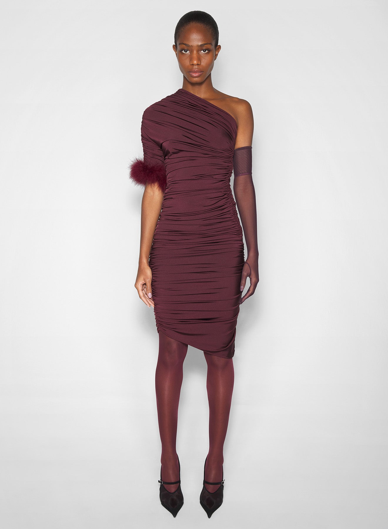burgundy one-shoulder marabou dress