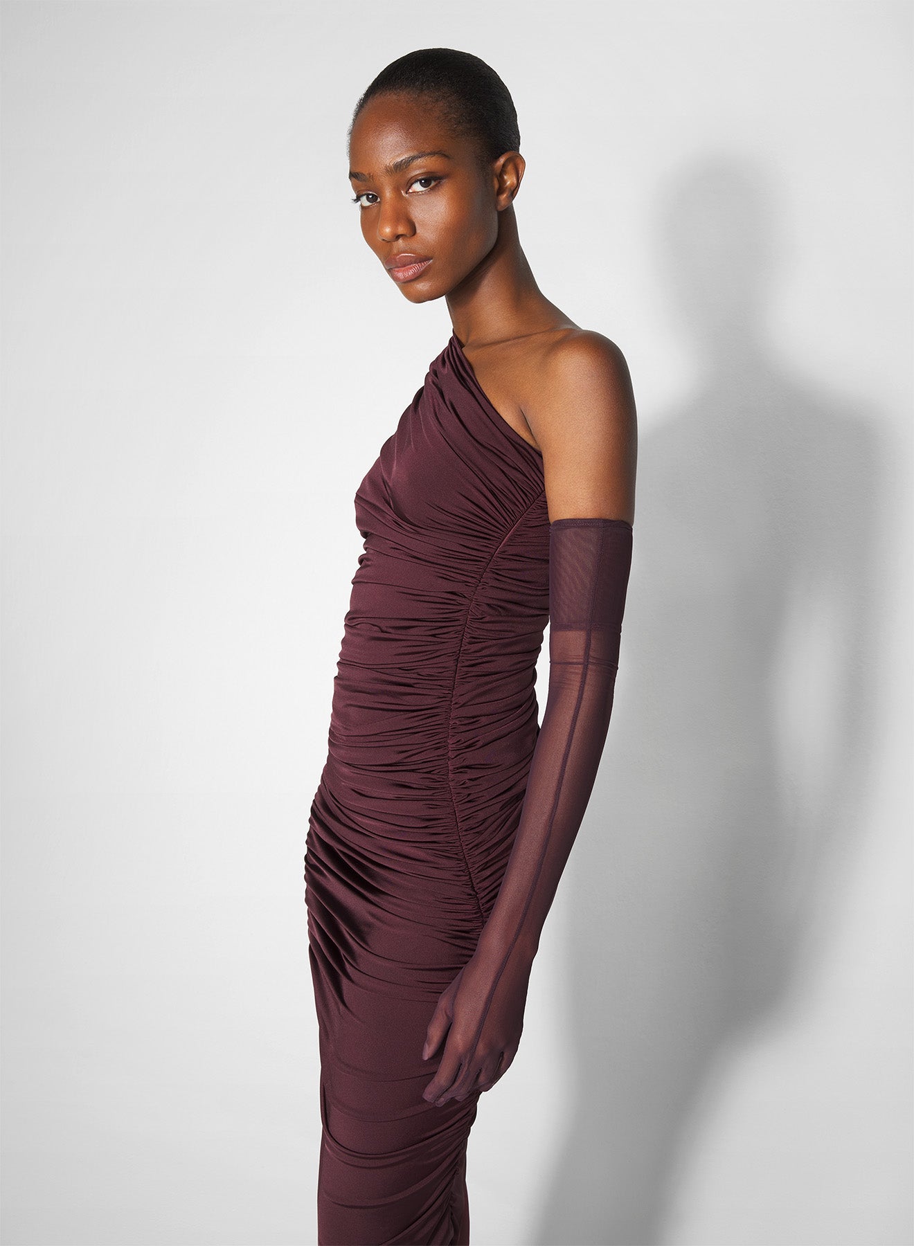 burgundy one-shoulder marabou dress