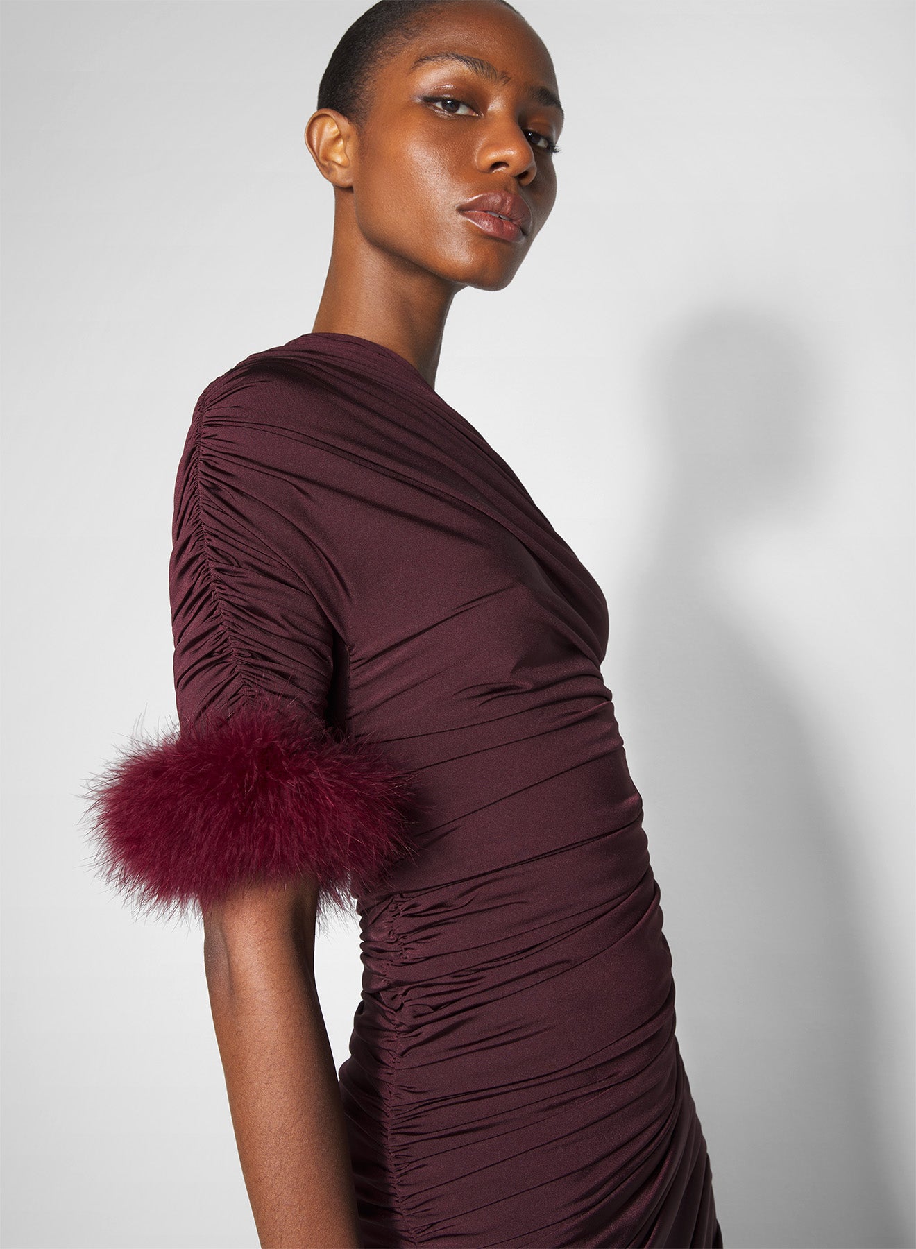 burgundy one-shoulder marabou dress