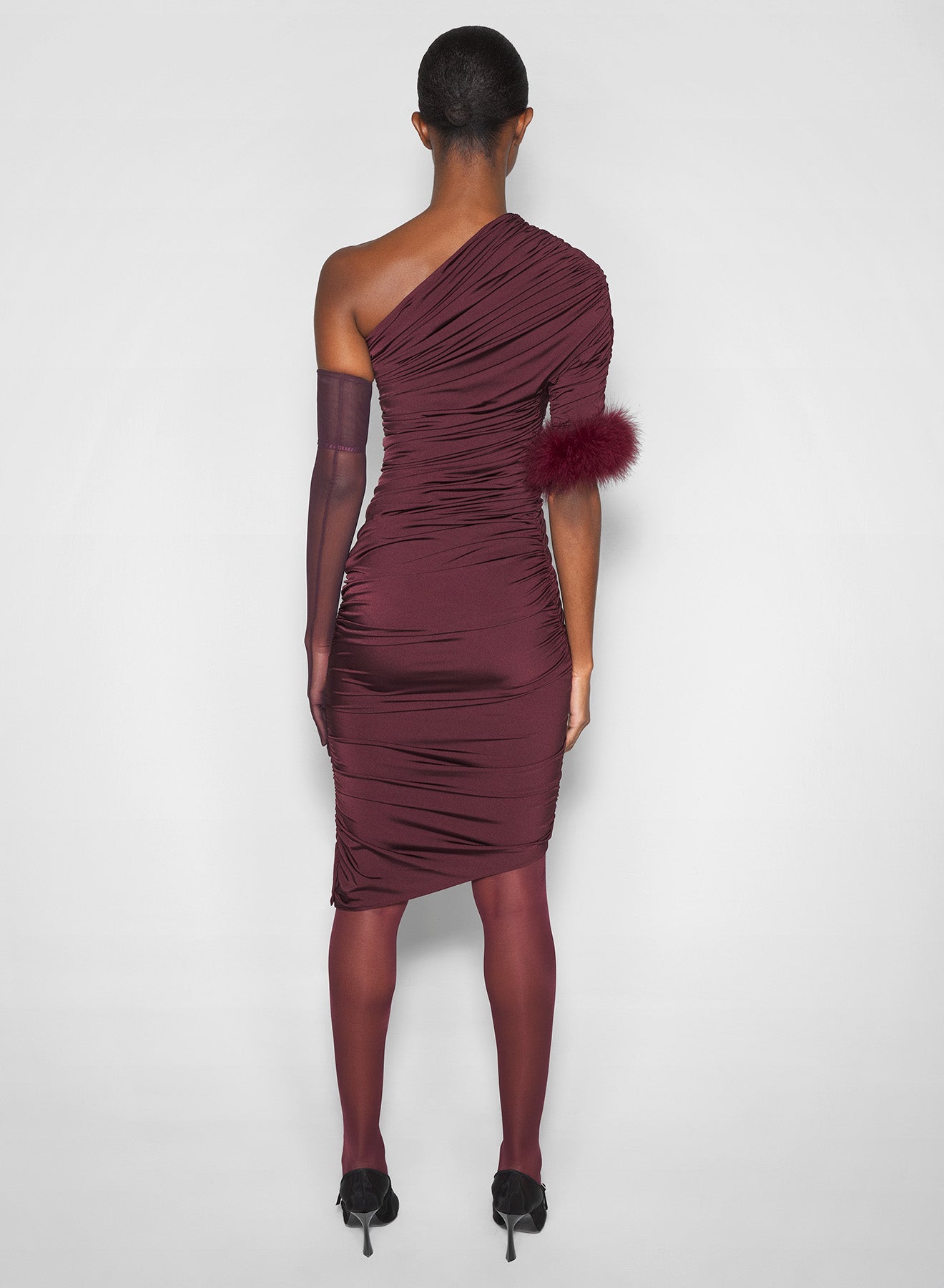 burgundy one-shoulder marabou dress