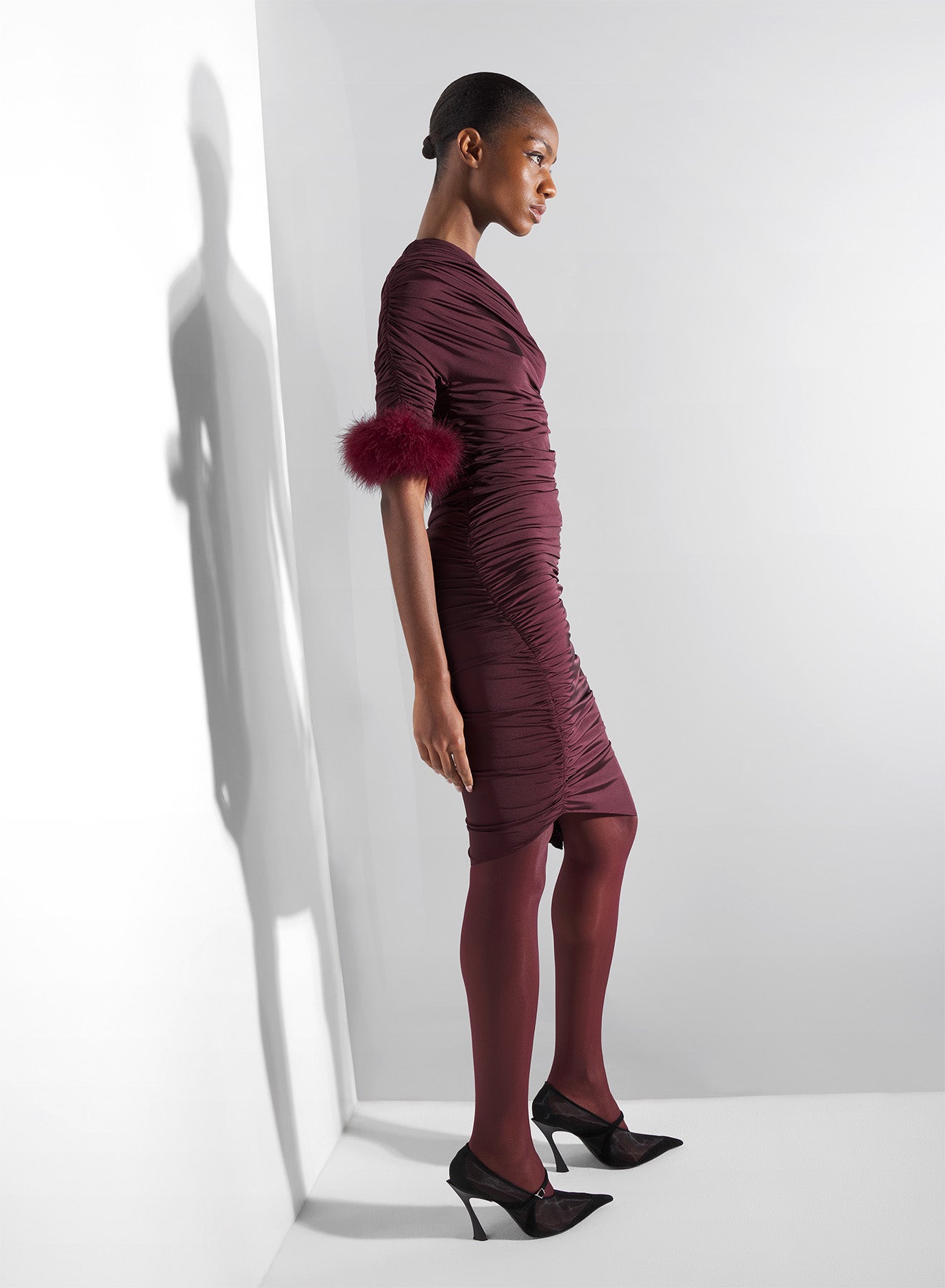 burgundy one-shoulder marabou dress