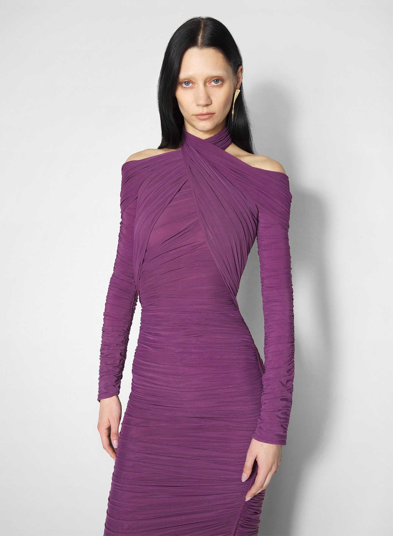 purple draped halter dress
