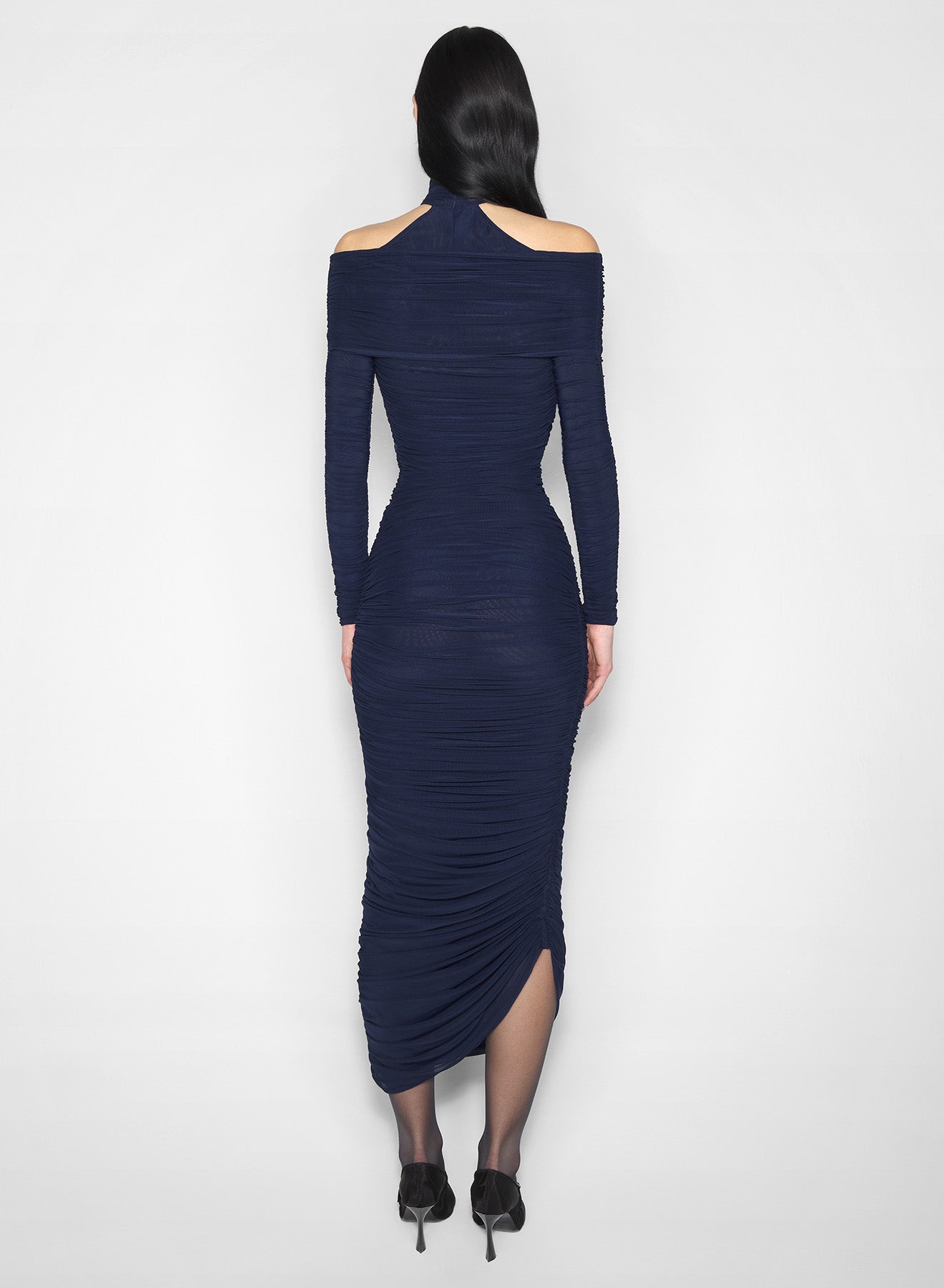 blue draped halter dress