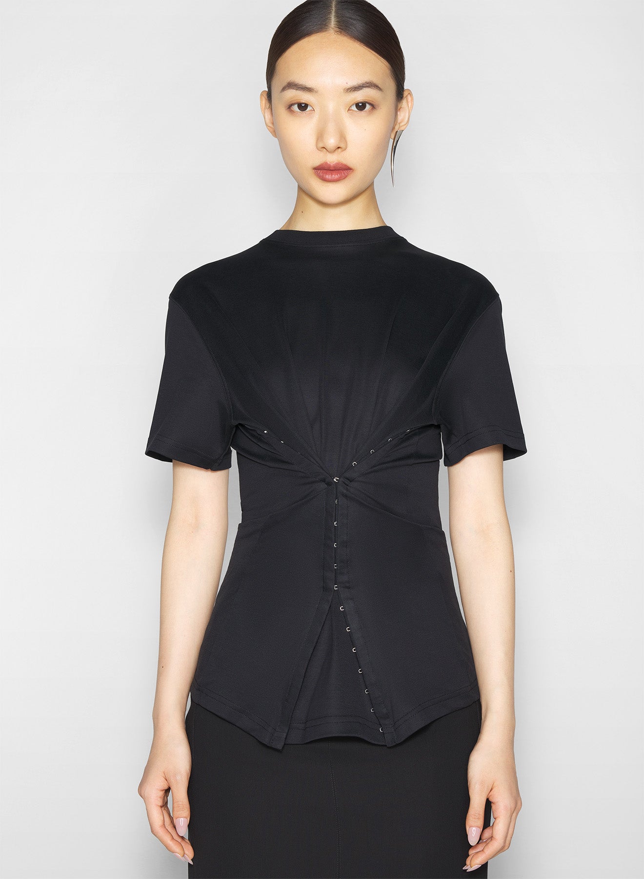 black cinched hook-and-eye t-shirt