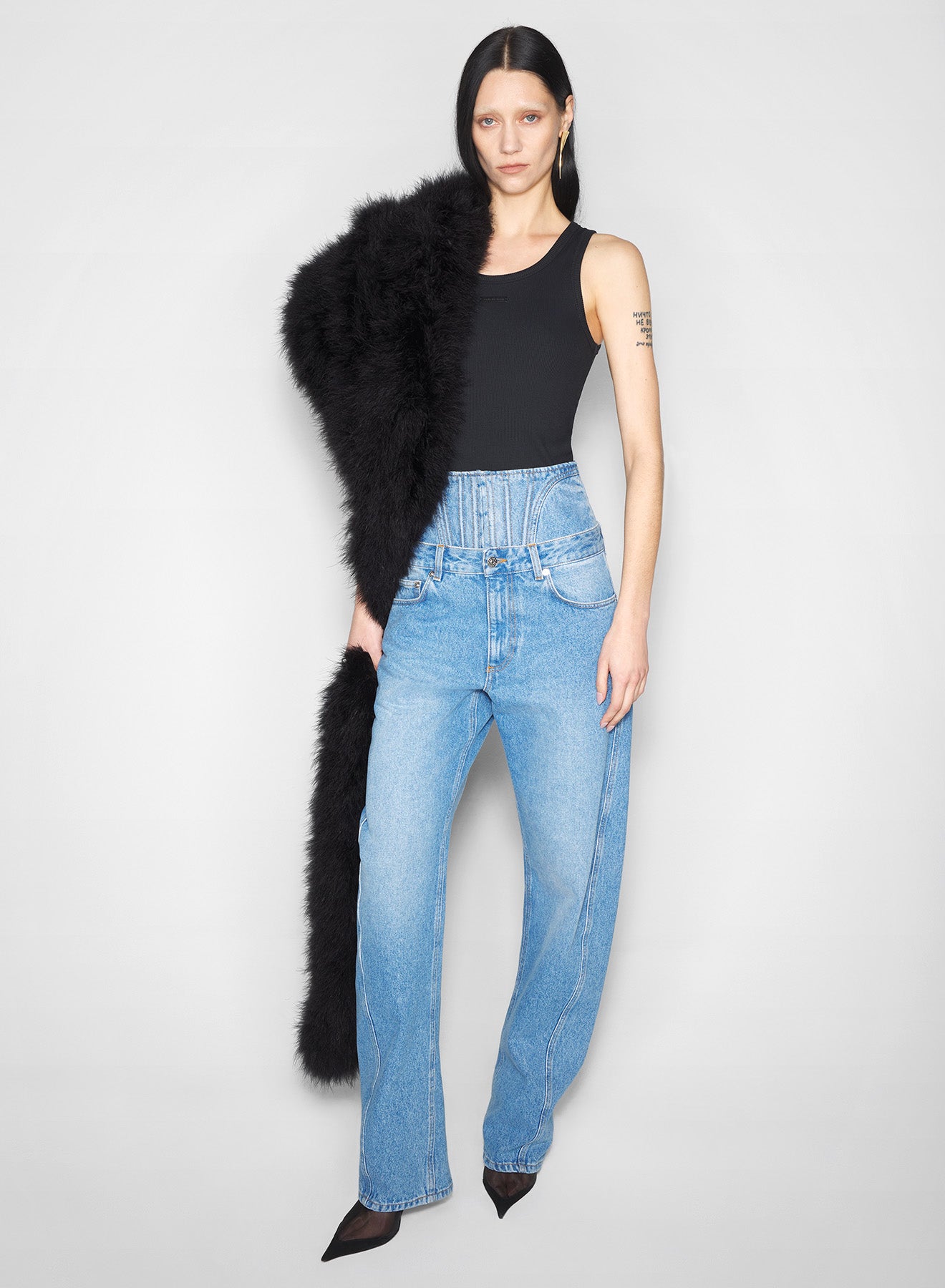 washed blue high-waisted corset jeans