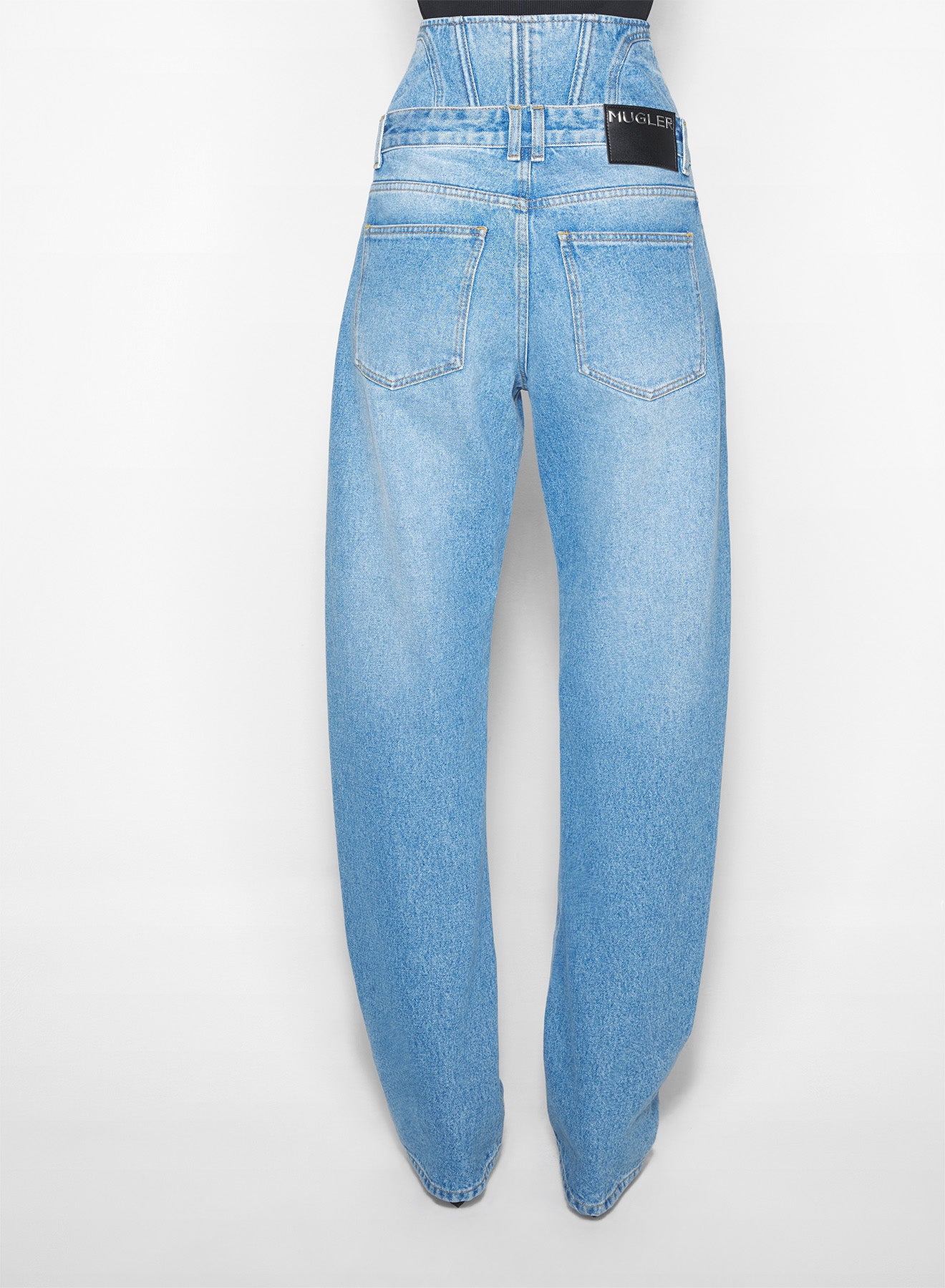 washed blue high-waisted corset jeans
