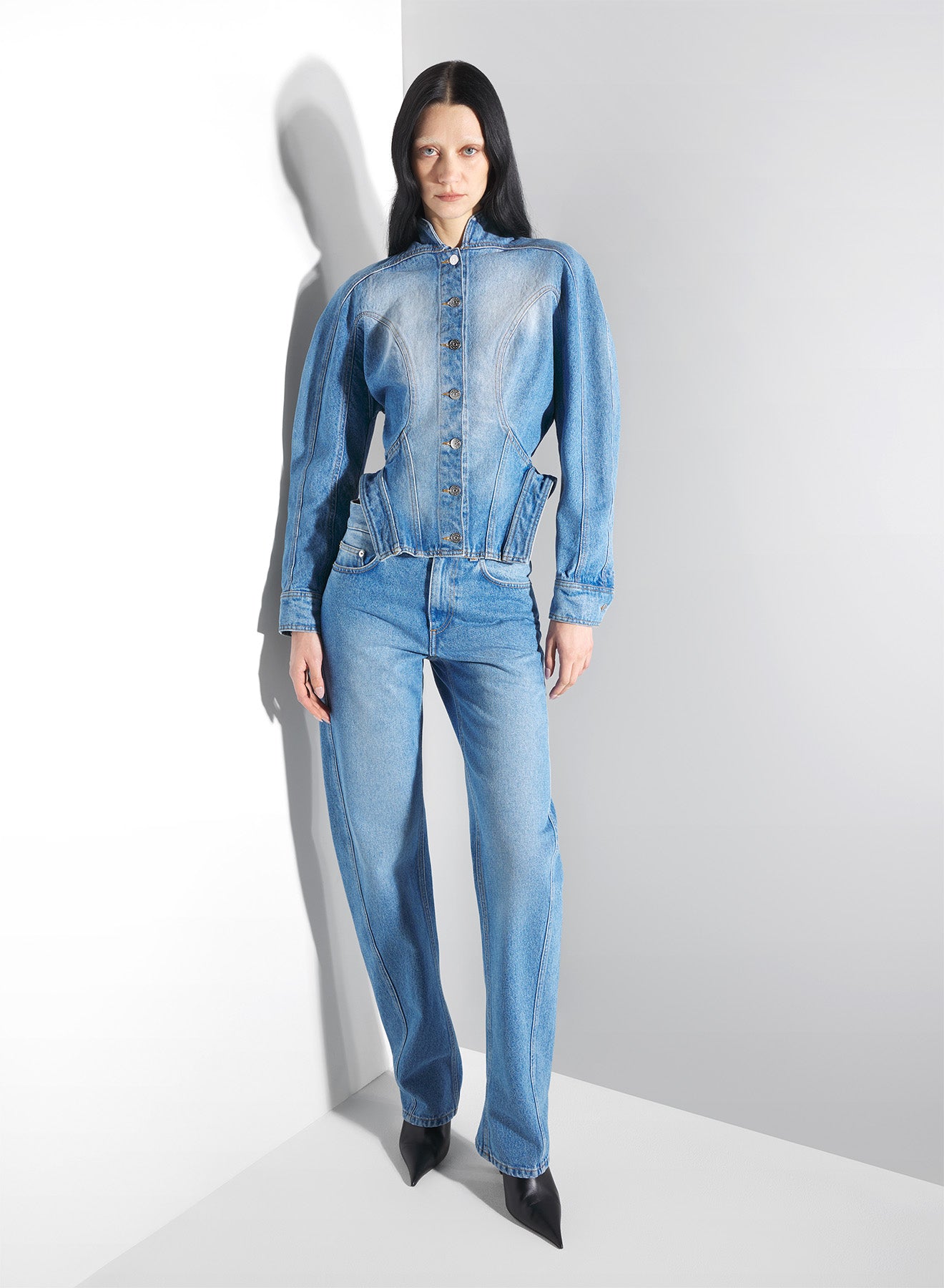 sculptural blue denim jacket