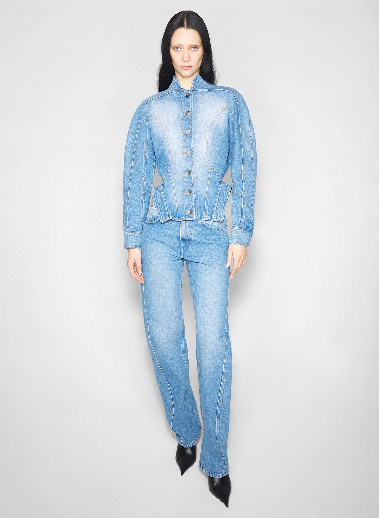 sculptural blue denim jacket