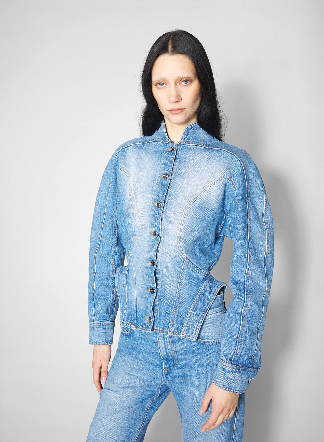 sculptural blue denim jacket