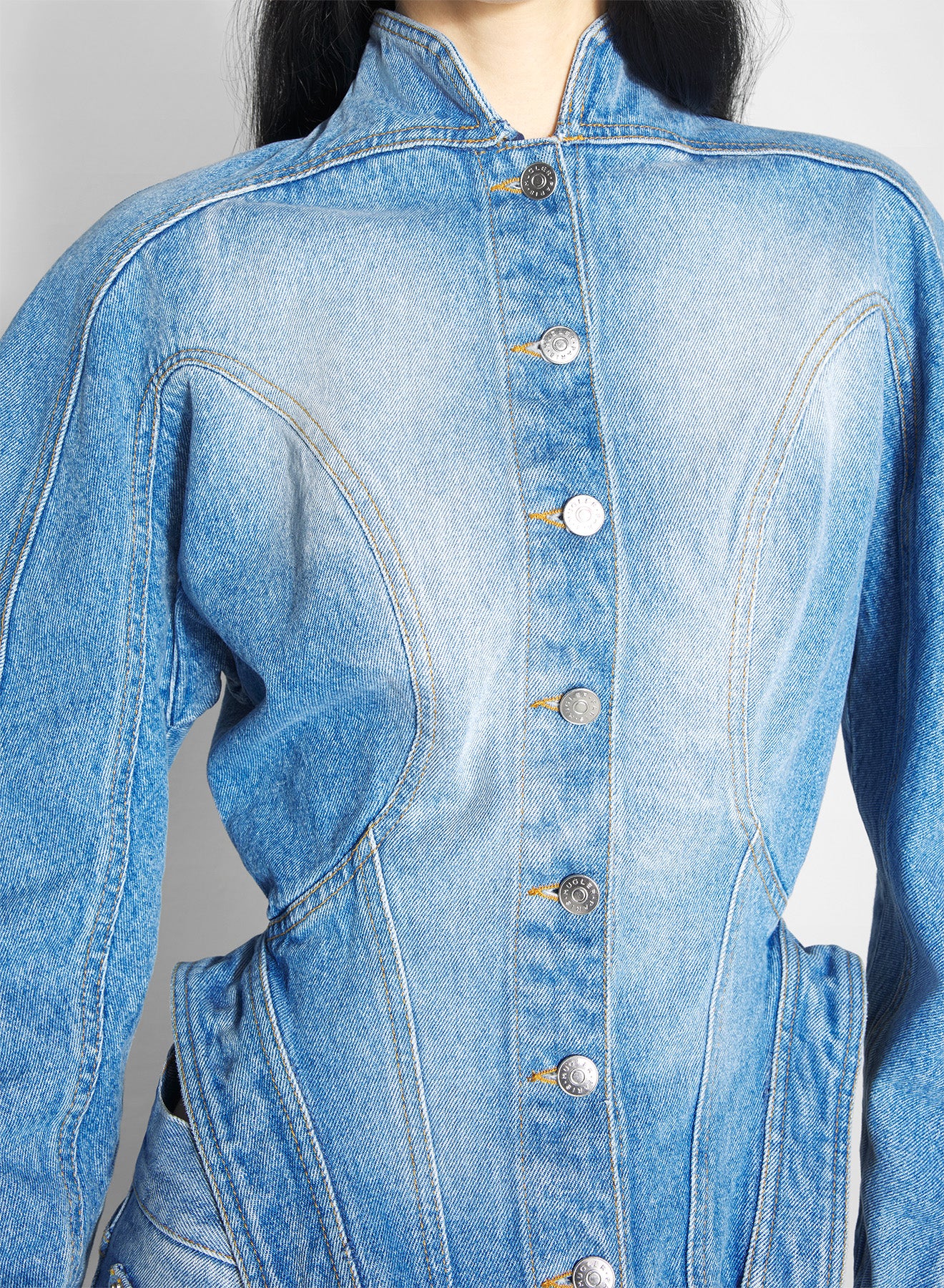 sculptural blue denim jacket