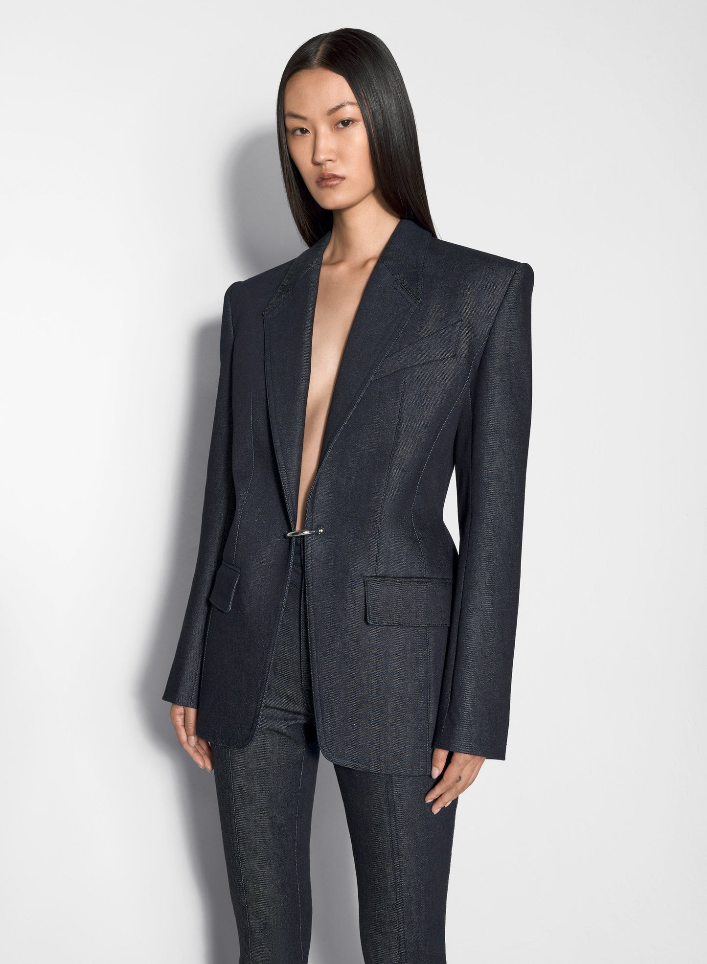 pierced tailored raw denim jacket