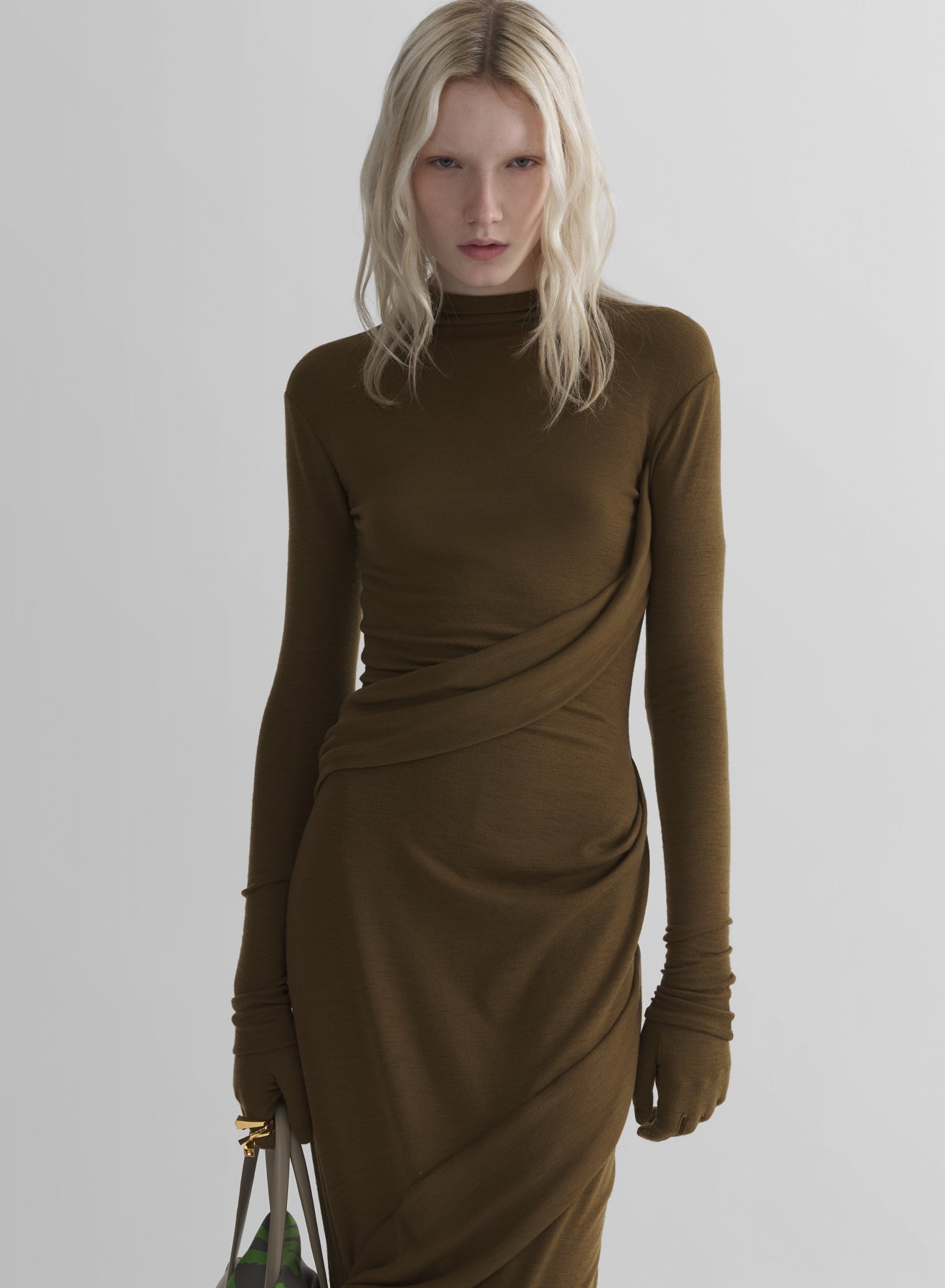 military green draped turtleneck dress