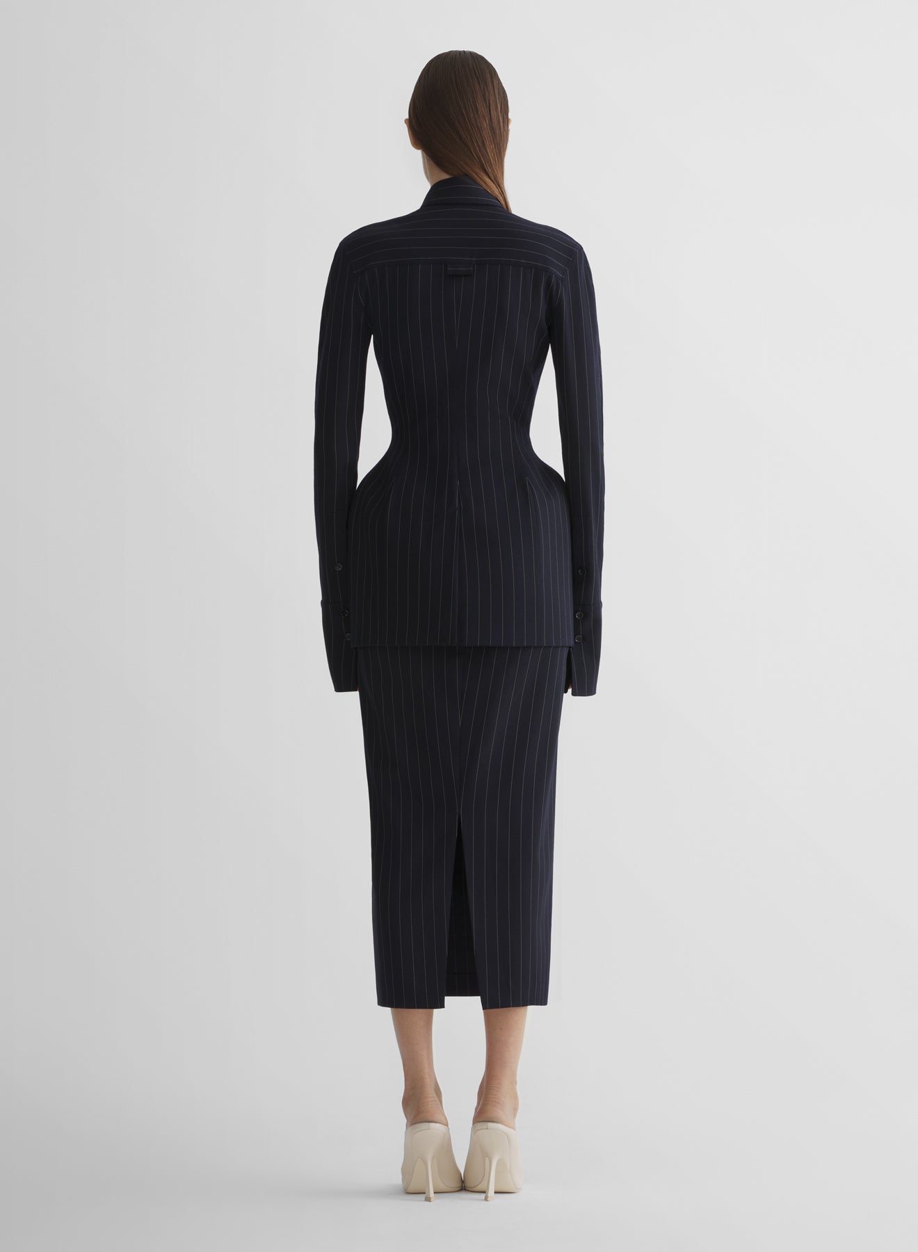 navy pinstripe hourglass shirt jacket