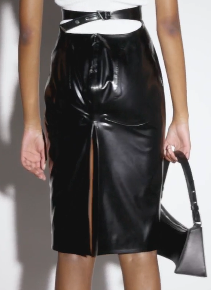 black leather belted skirt