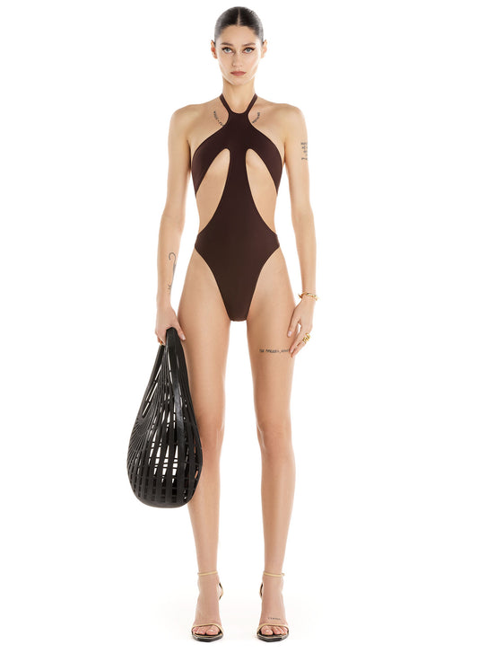 brown cut-out one-piece