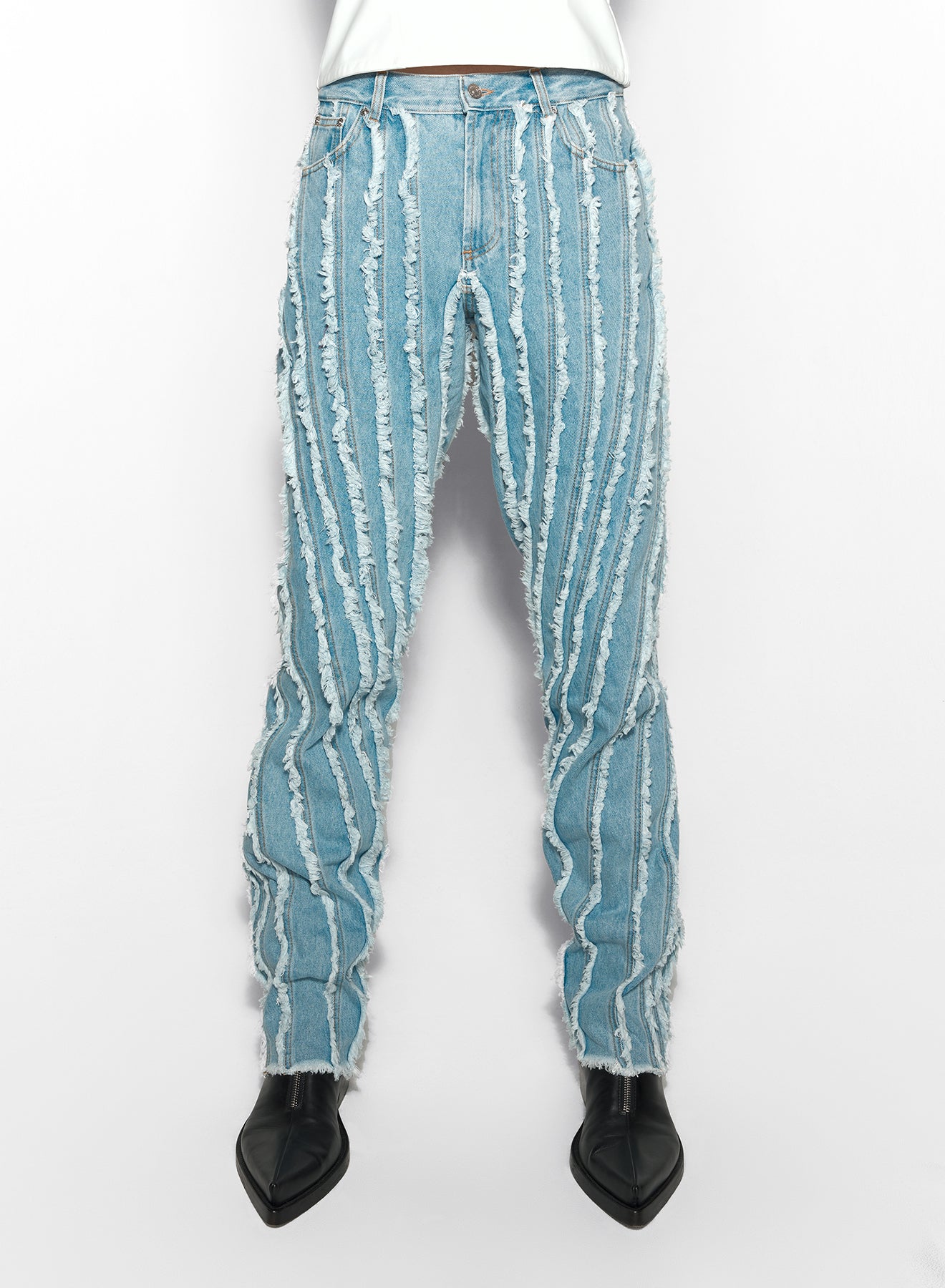 blue raw edge spiral baggy jeans