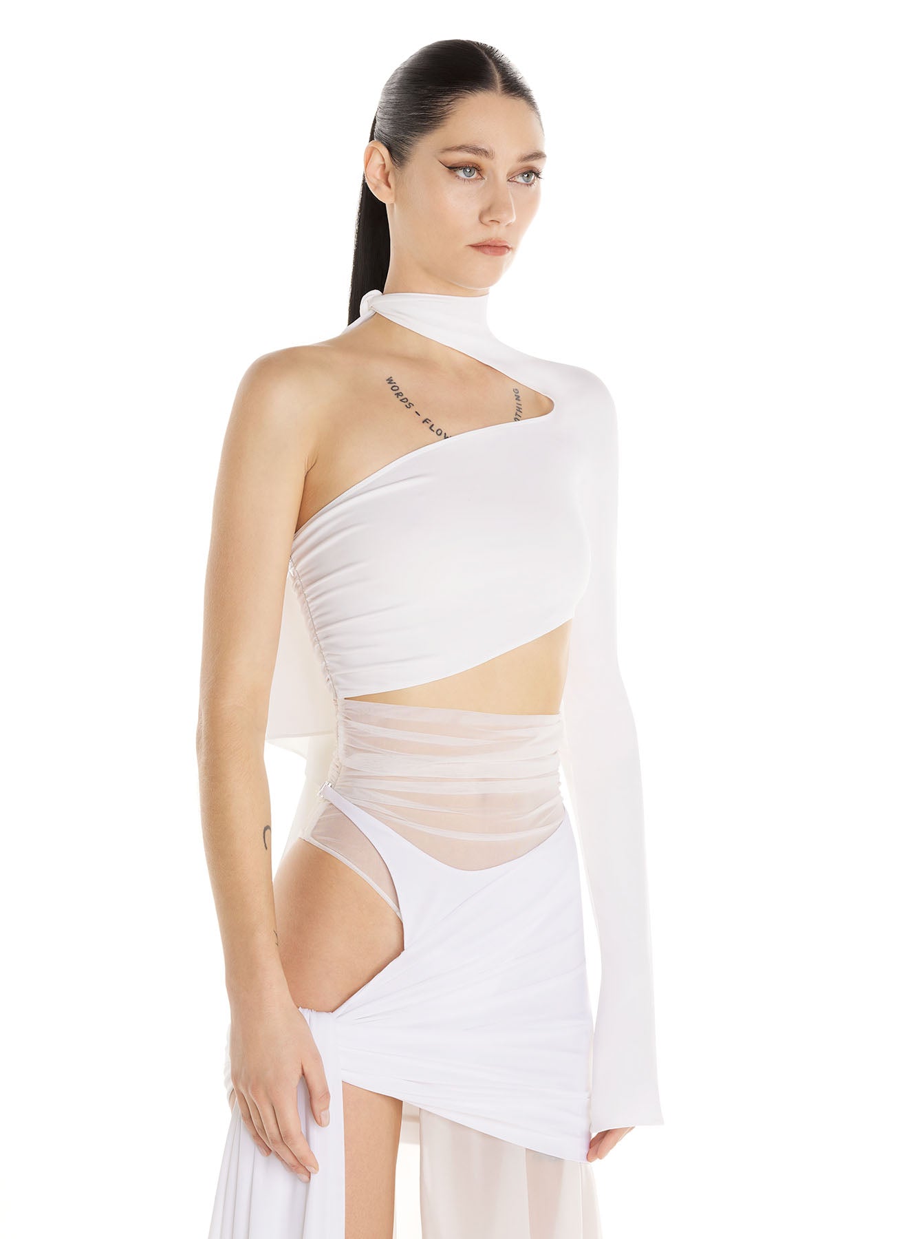 white cut-out illusion dress