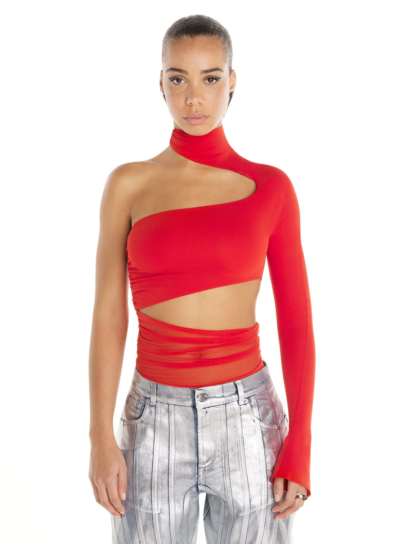 red cut-out illusion bodysuit