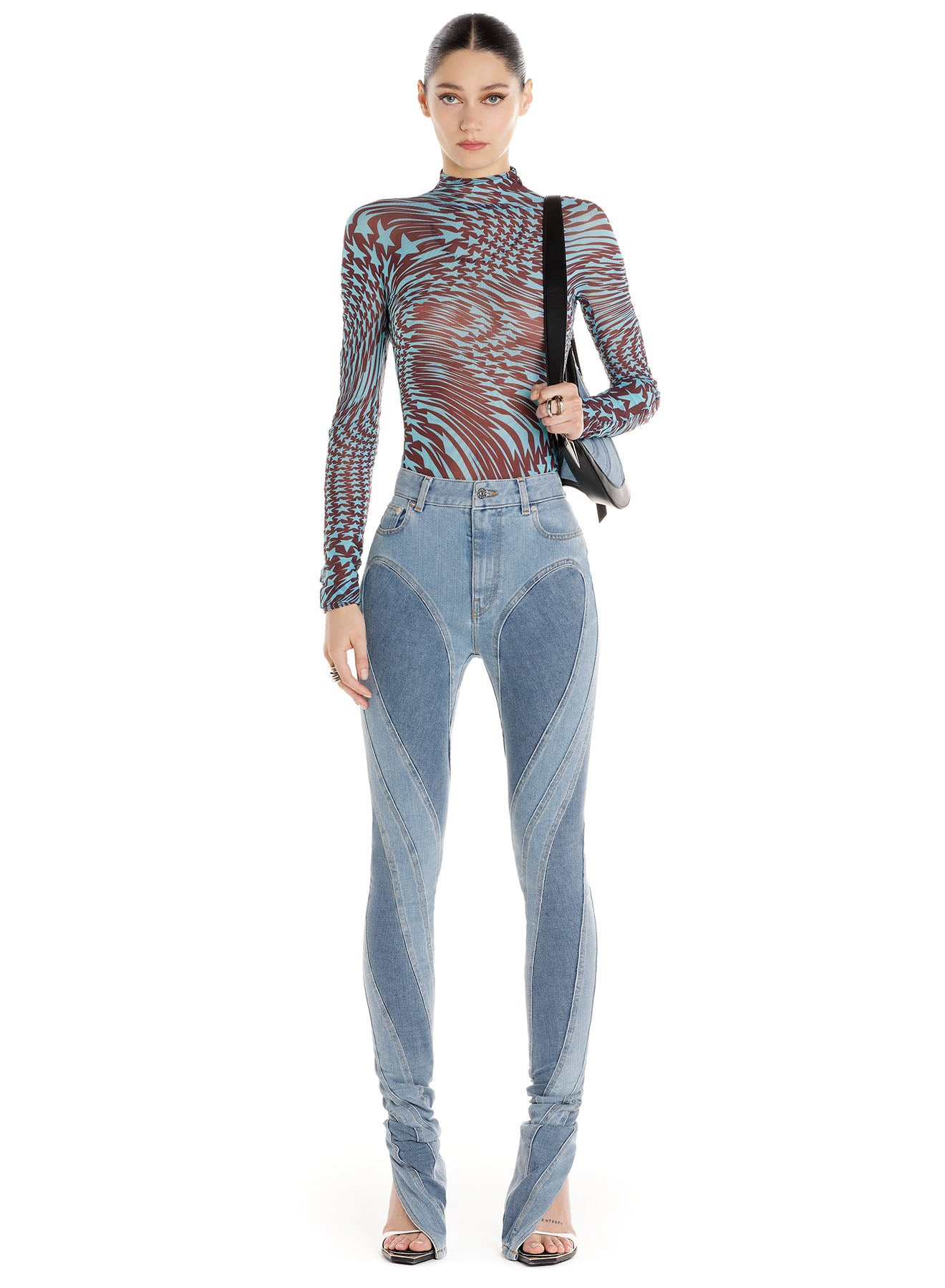 Slited bi-material spiral jeans