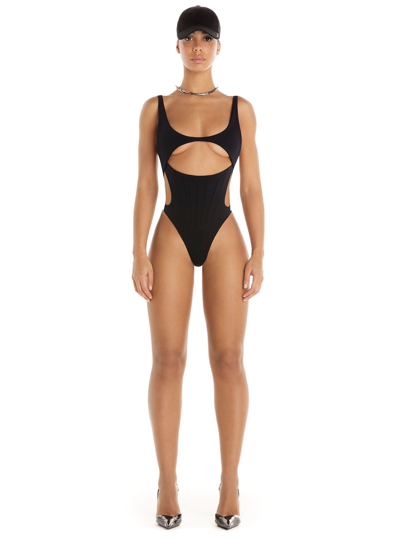 black cut out corseted one piece