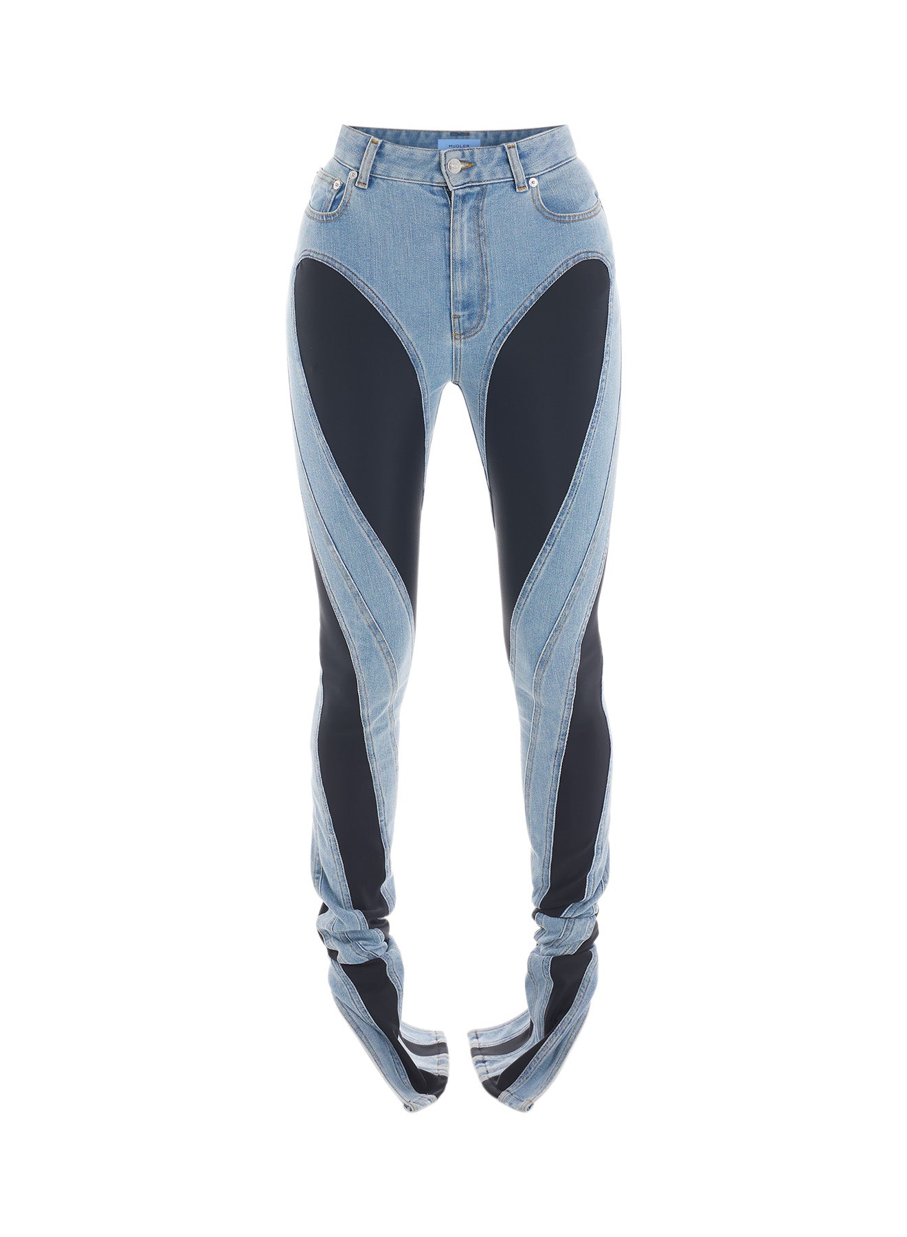 blue slited bi-material spiral jeans
