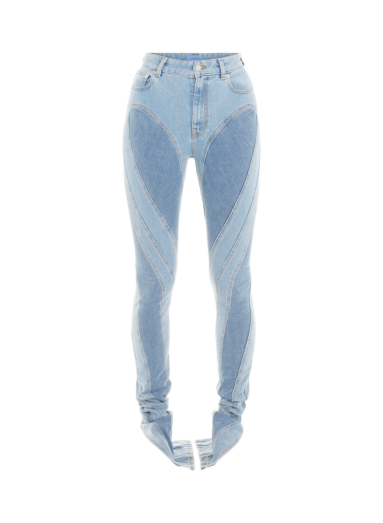 light blue slited bi-material spiral jeans