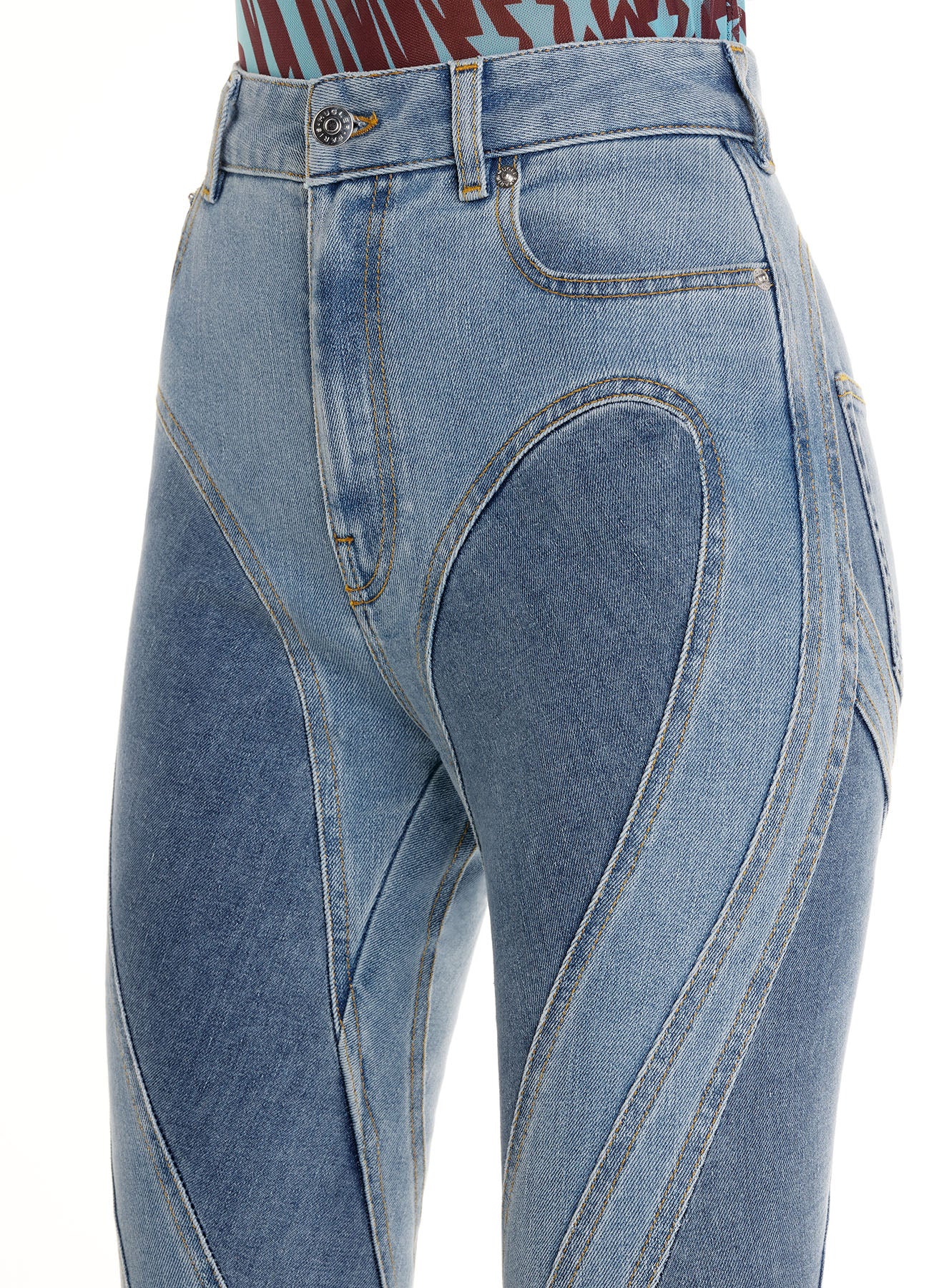 Slited bi-material spiral jeans