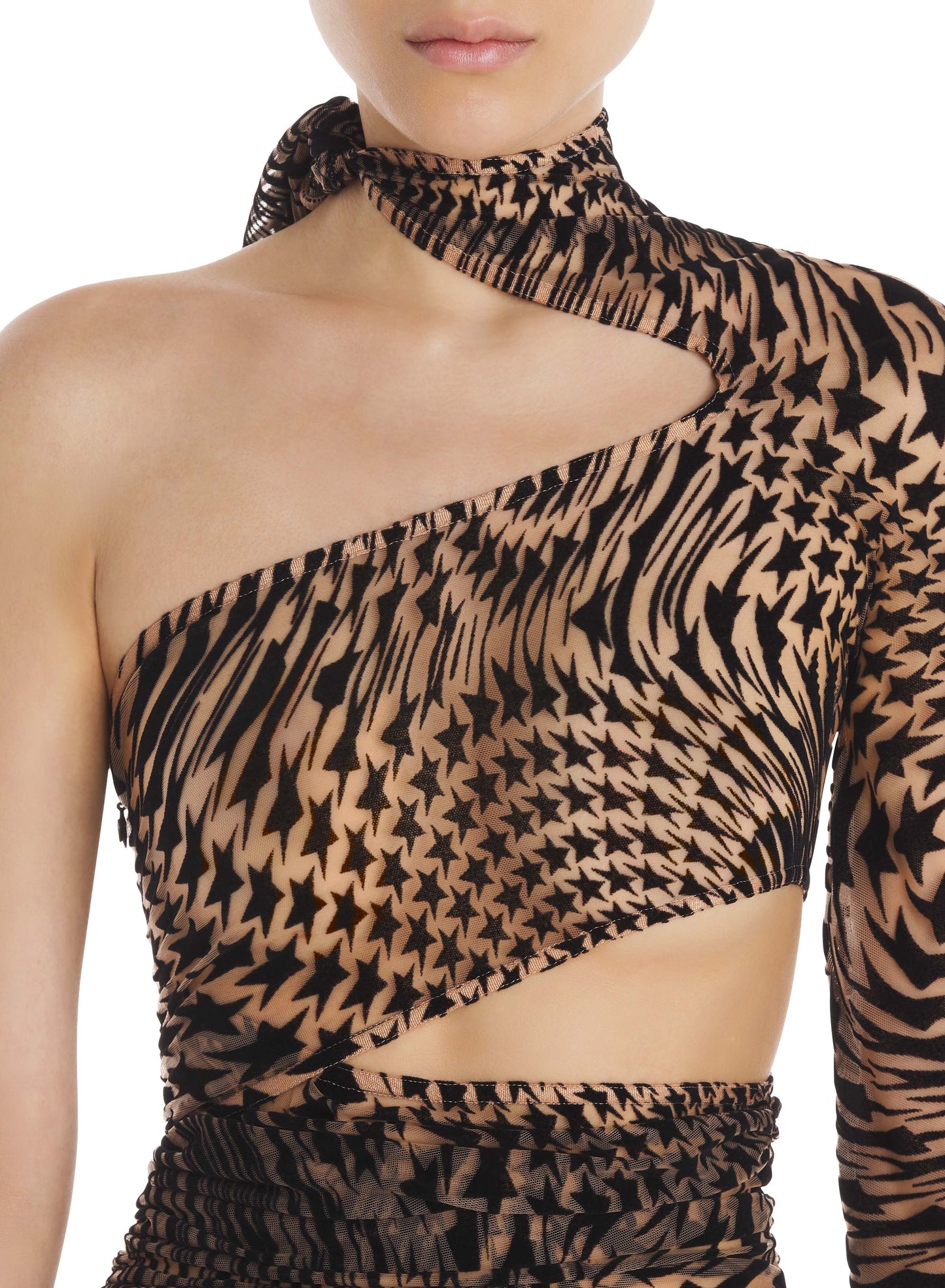 nude black flocked mesh cut-out bodysuit