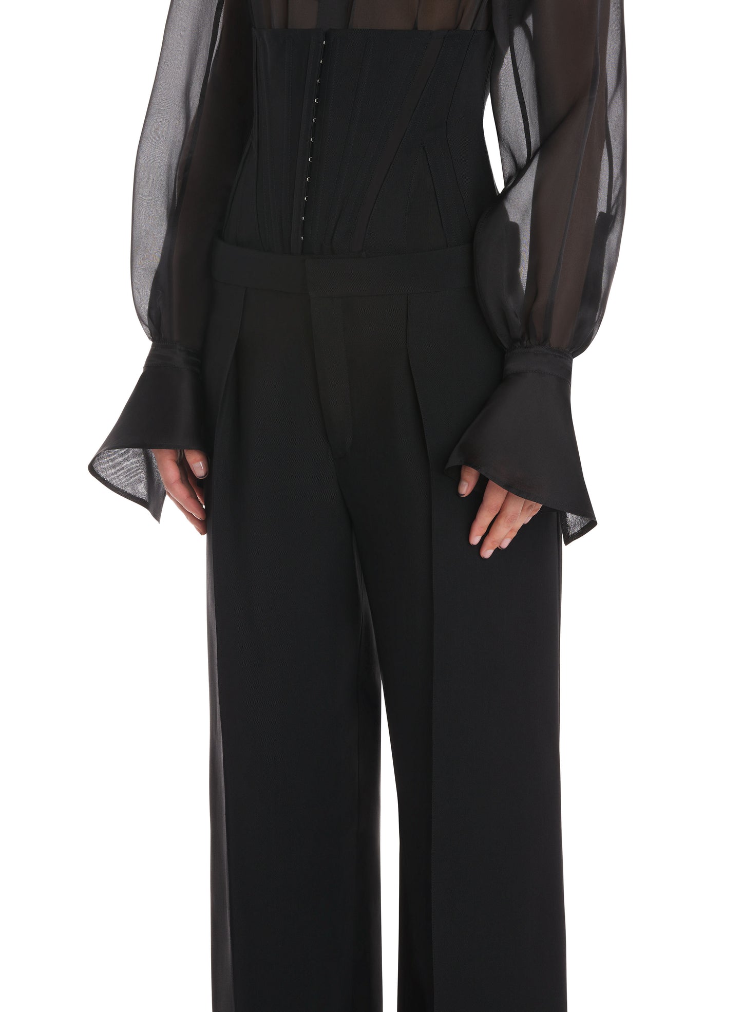 black tailored corset trousers