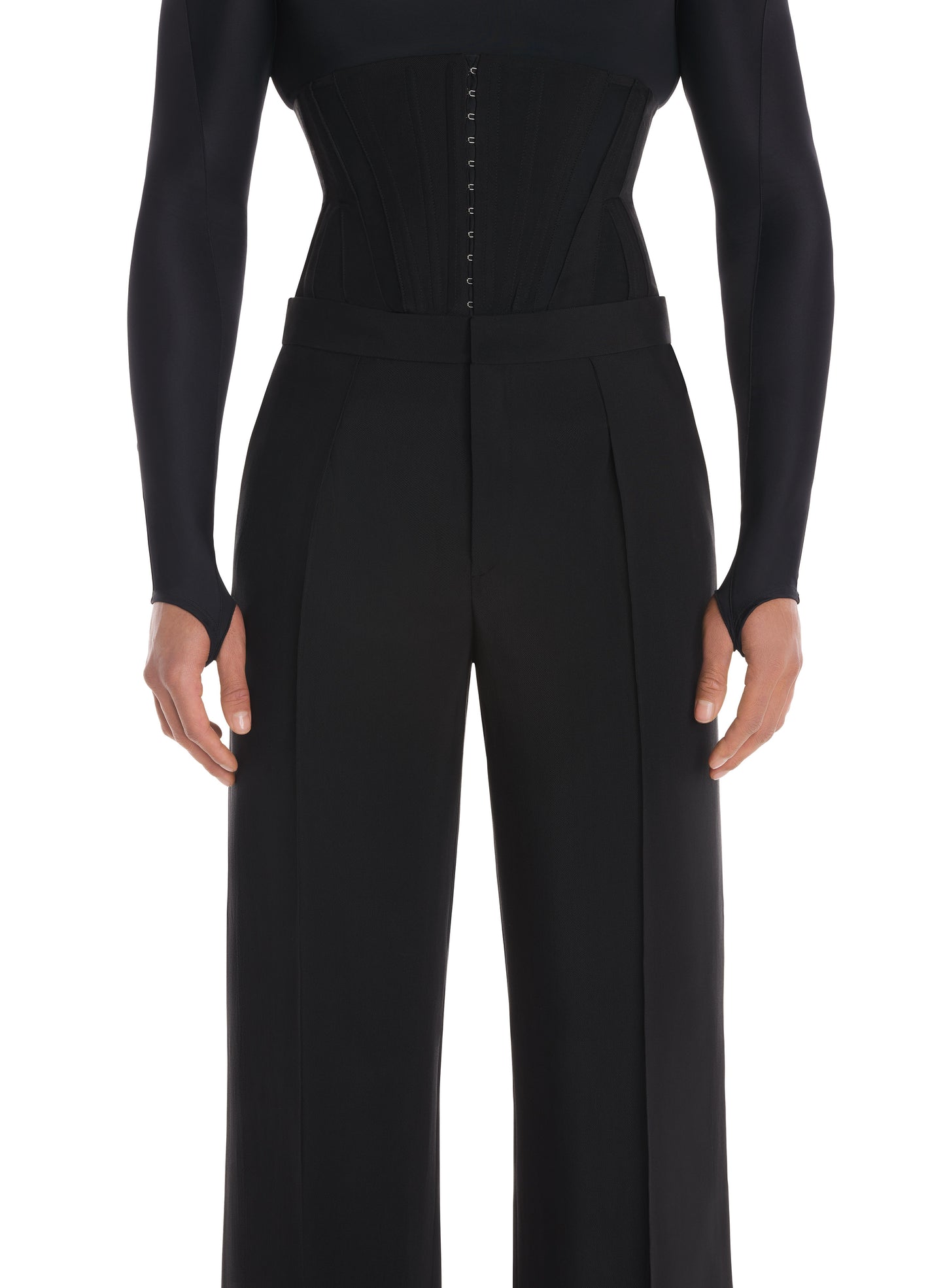 black tailored corset trousers