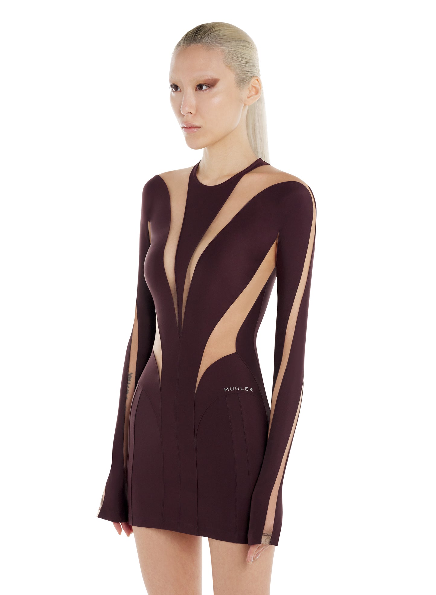 dark raisin body shaping illusion dress