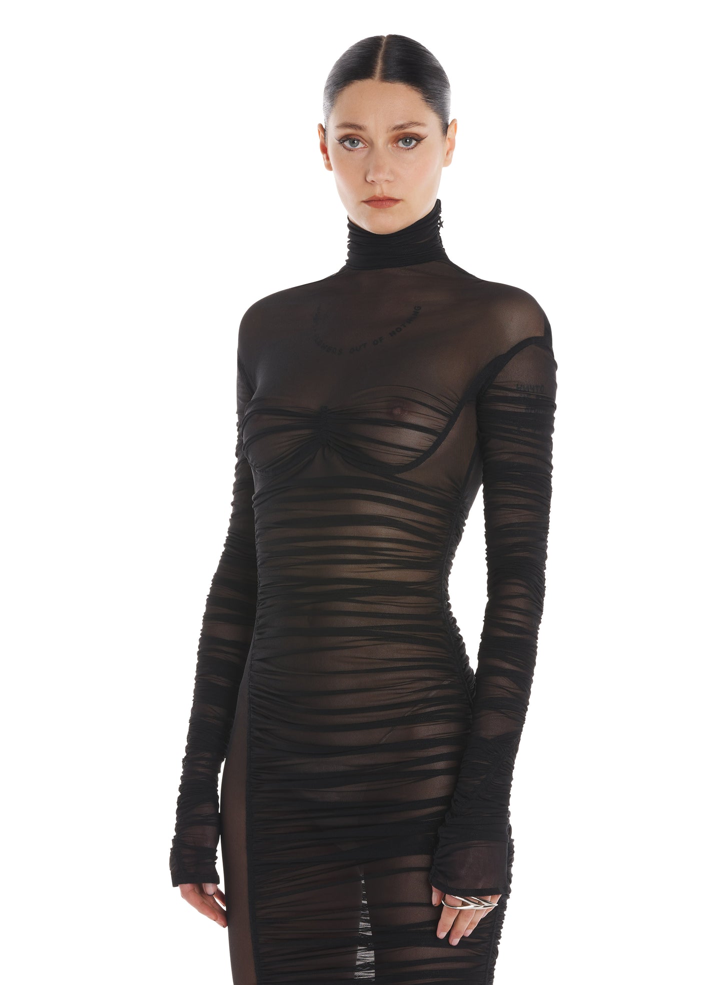 black ruched mesh dress