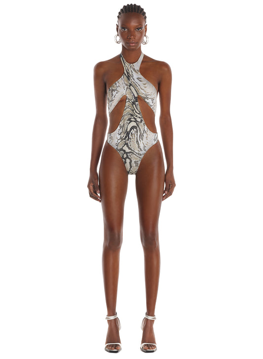 snake printed cut-out one-piece