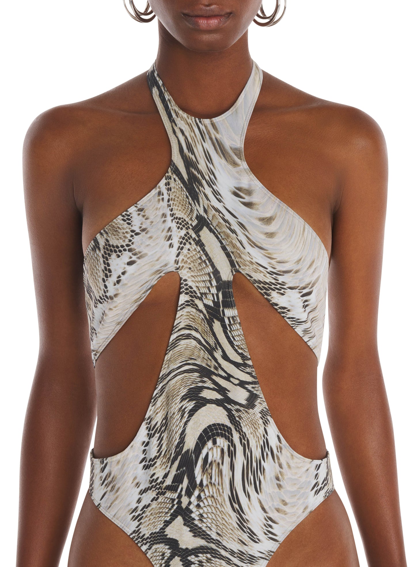 snake printed cut-out one-piece