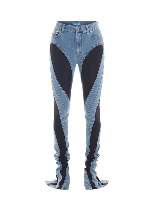 dark blue slited bi-material spiral jeans