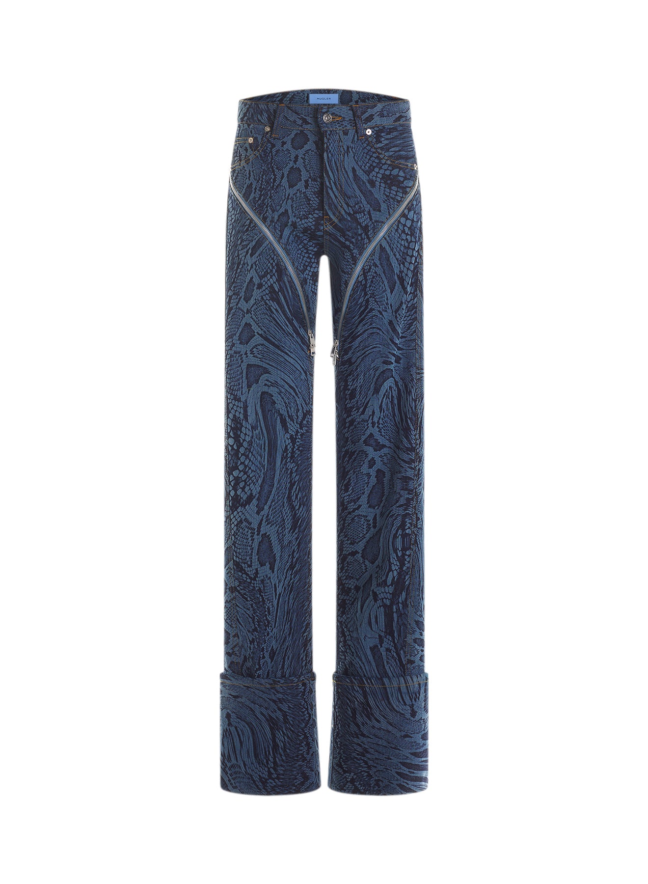 blue cuffed snake printed zipper jeans