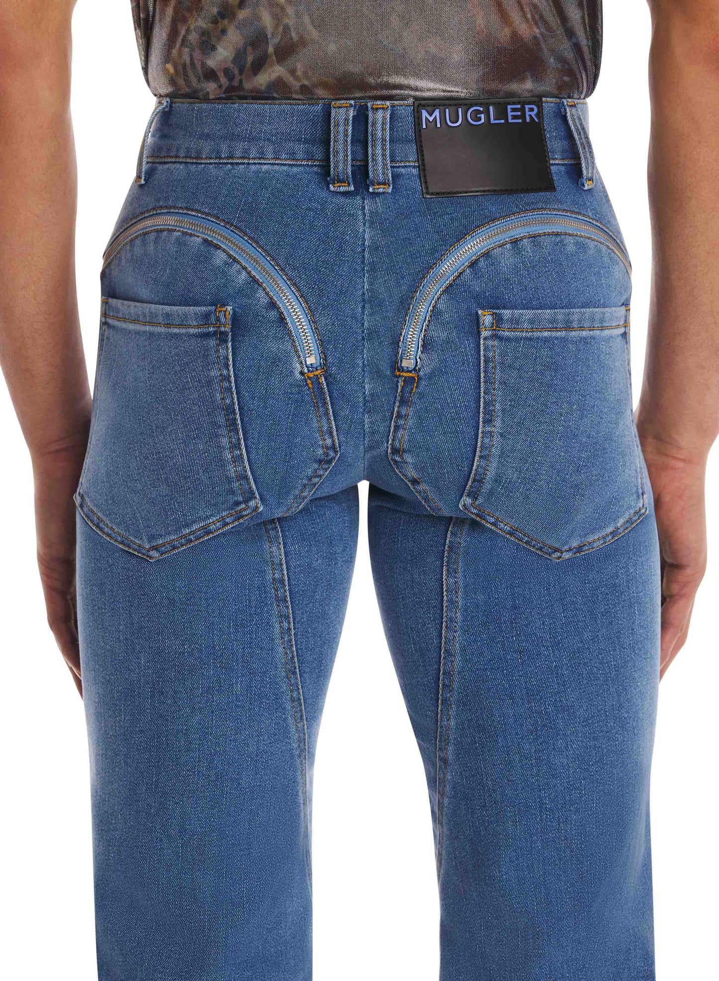 blue cuffed zipper jeans