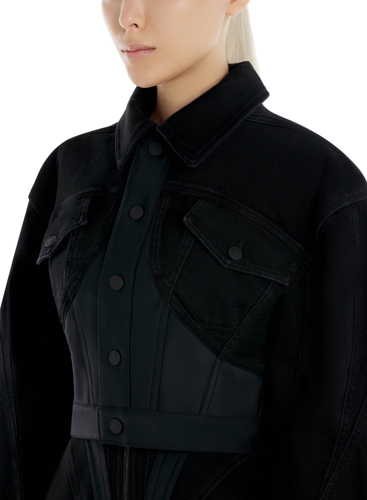 black bi-material cropped denim jacket