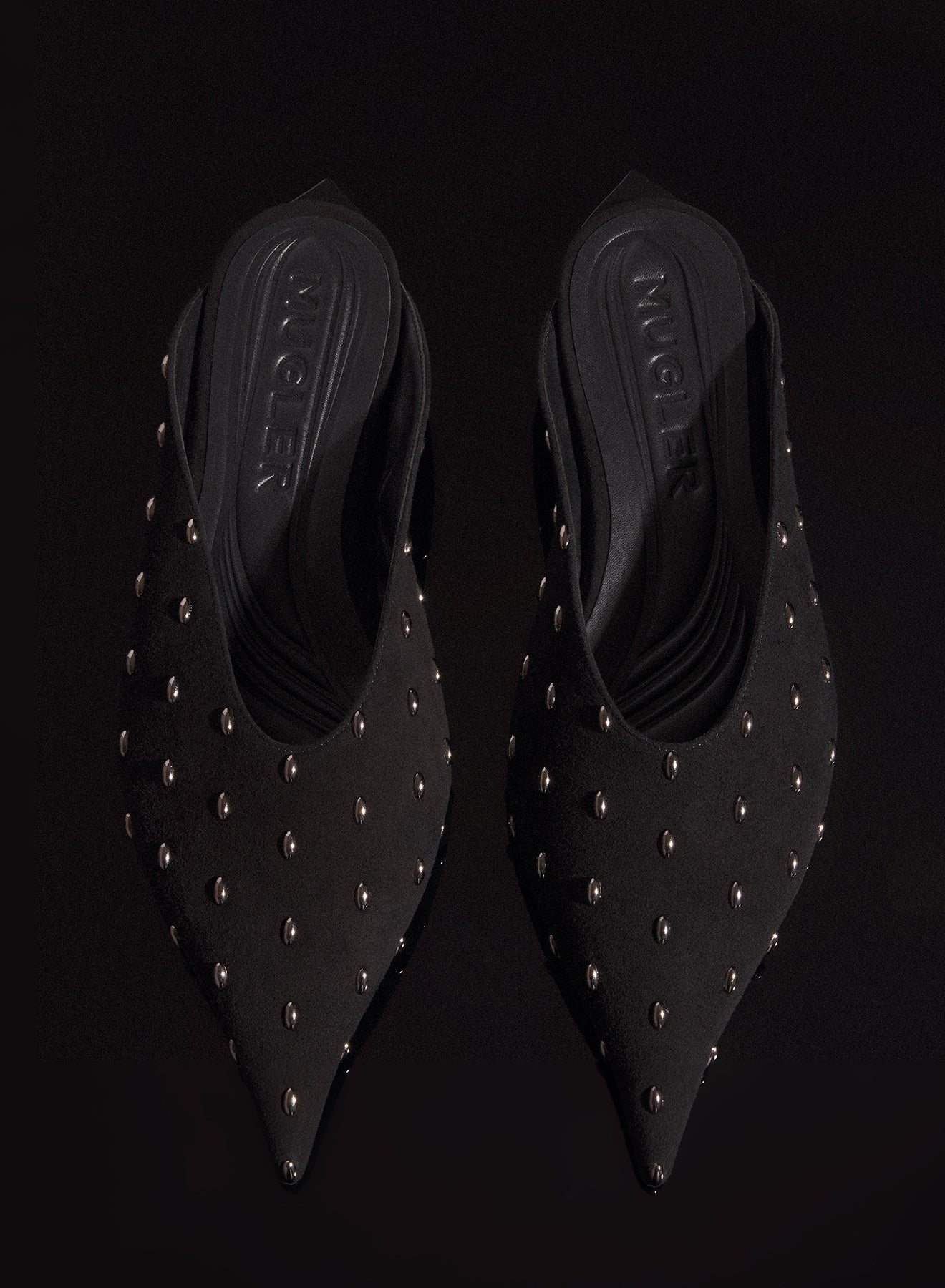 black embellished suede fang flat mules