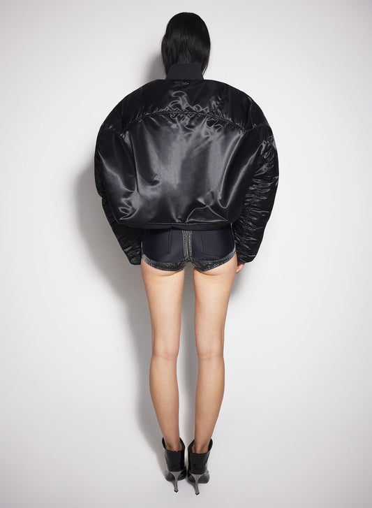 washed black bi-material denim shorts
