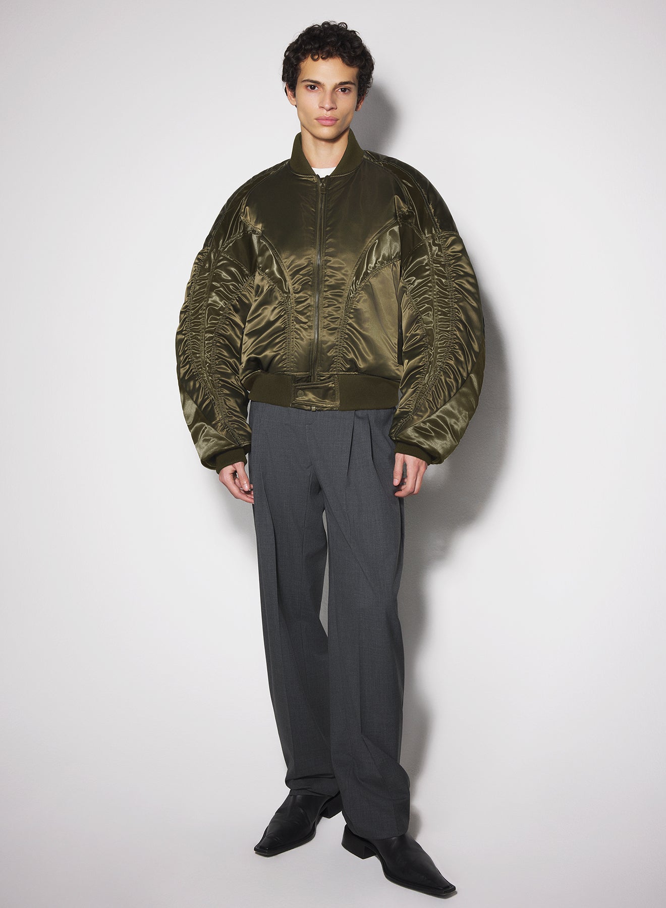 military green satiny bomber jacket