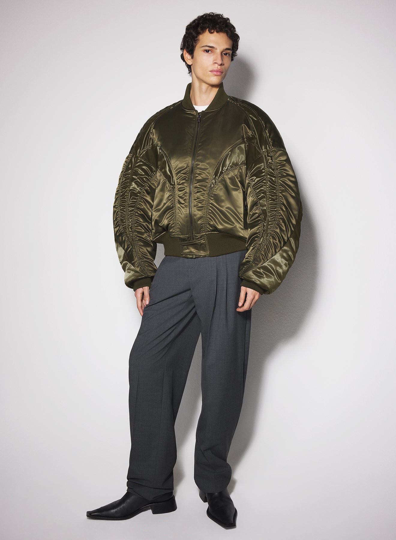 military green satiny bomber jacket