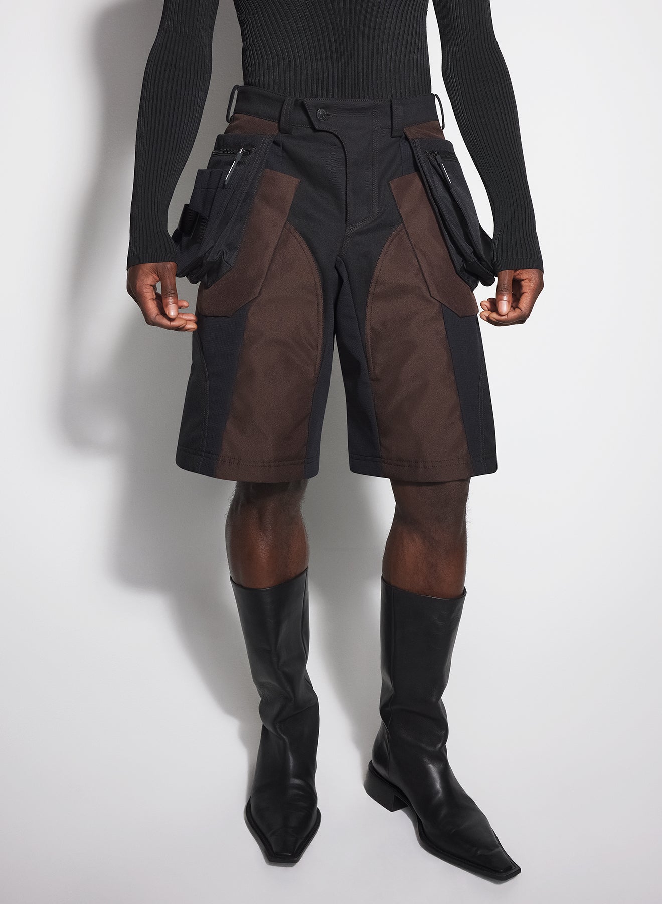 chocolate technical fabric cargo shorts