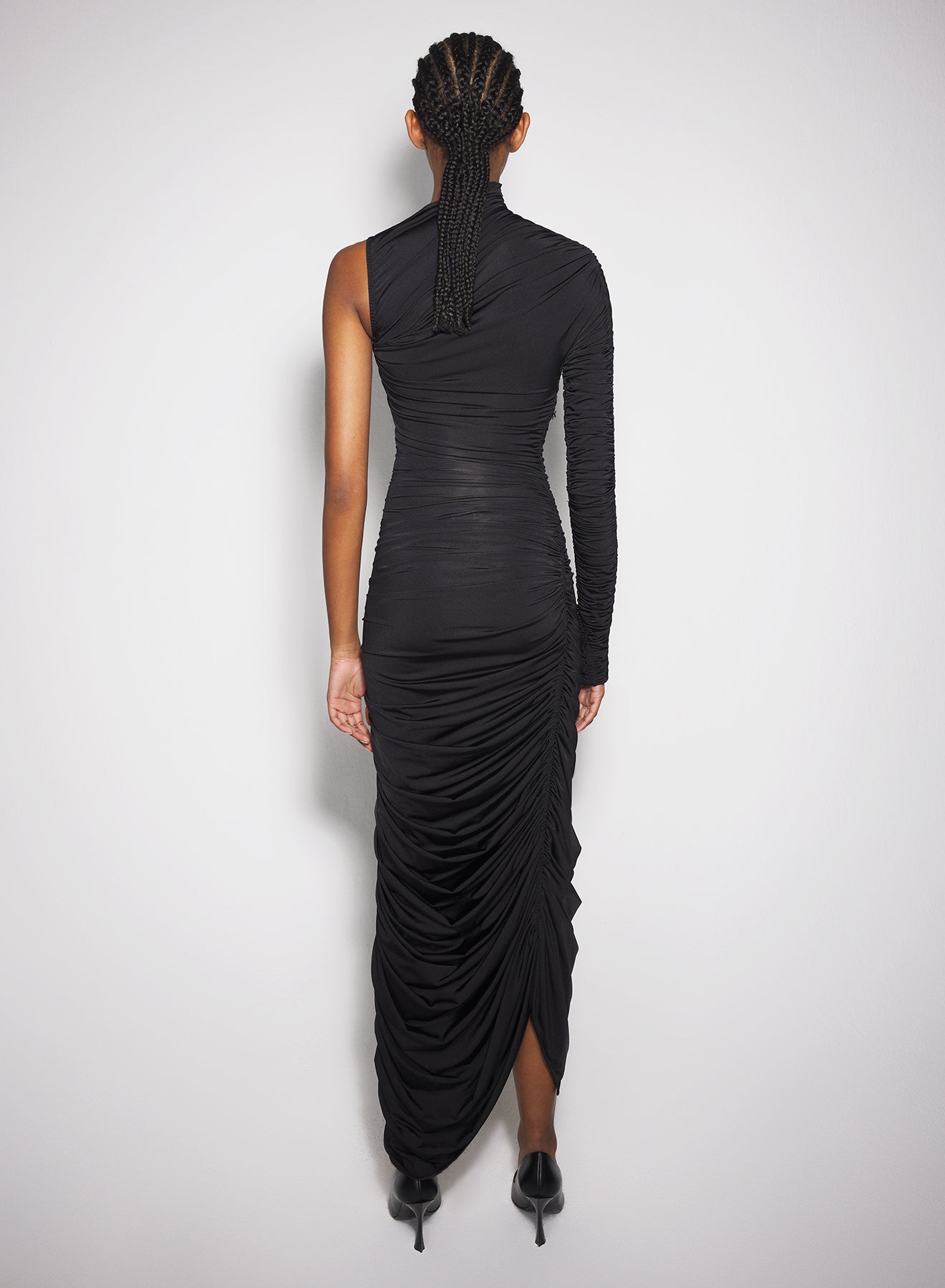 black asymmetrical pierced ruched dress