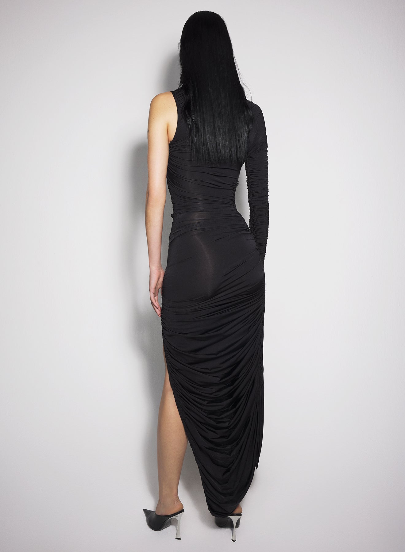 black asymmetrical pierced ruched dress