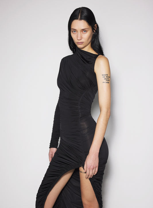 black asymmetrical pierced ruched dress