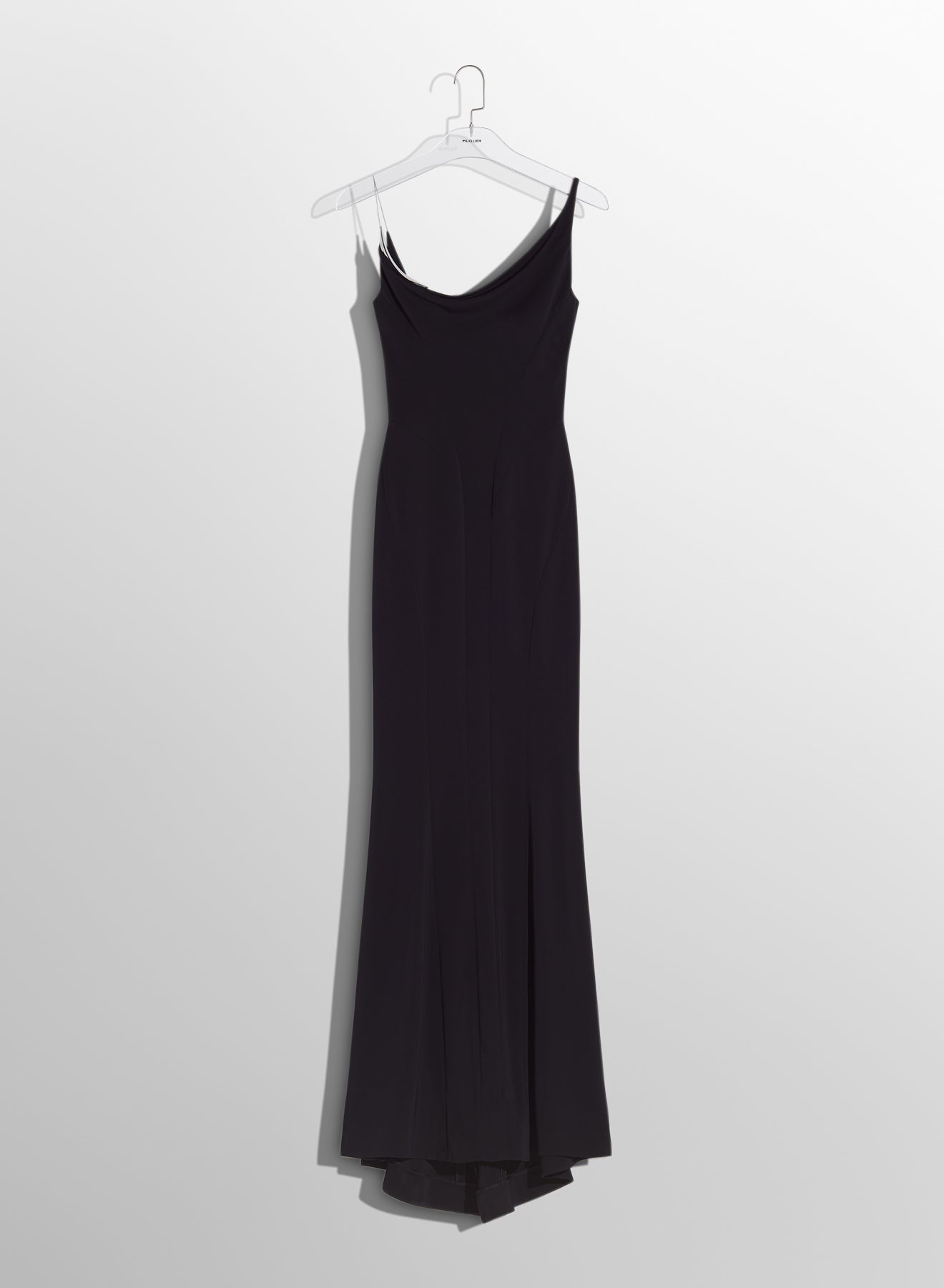 black crepe gown with metallic detail